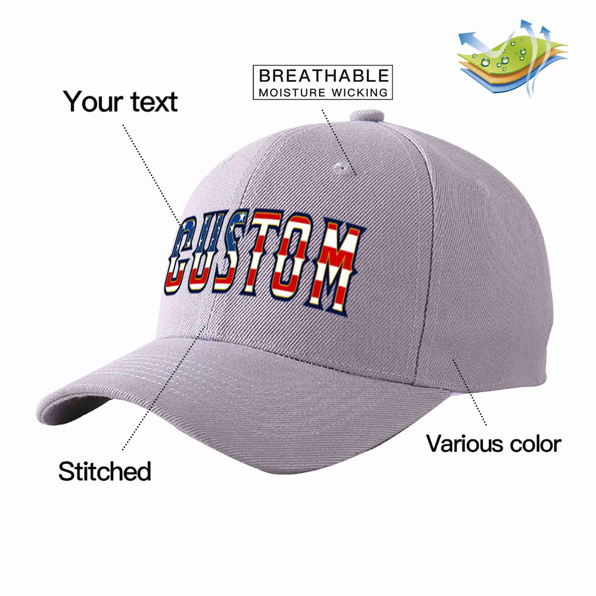 Custom Gray Vintage USA Flag-Gold Curved Eaves Sport Baseball Cap Design for Men/Women/Youth