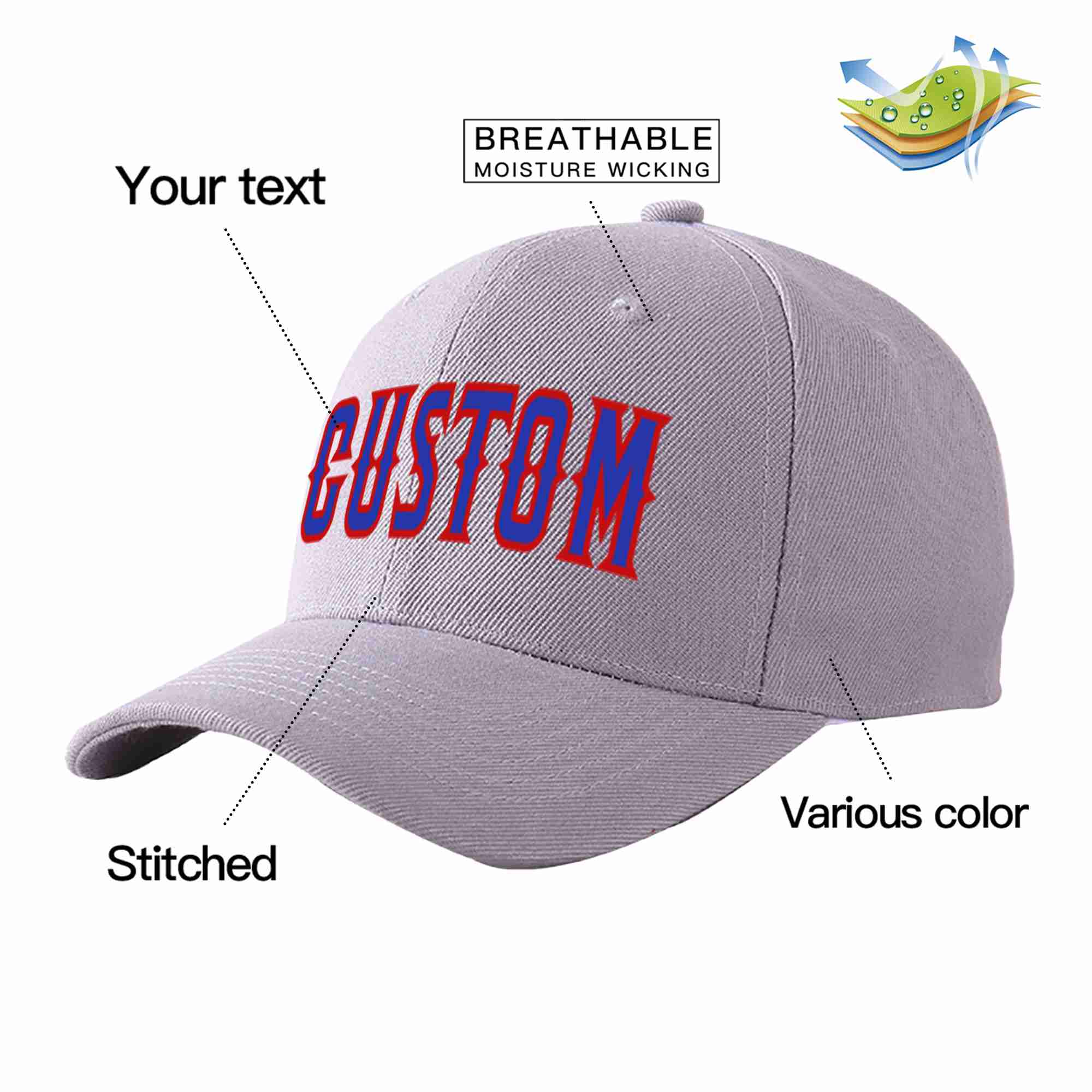 Custom Gray Royal-Red Curved Eaves Sport Baseball Cap Design for Men/Women/Youth