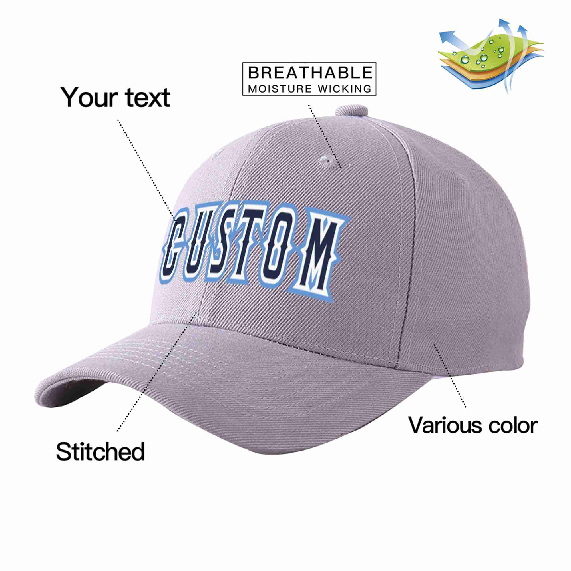 Custom Gray Navy-White Curved Eaves Sport Baseball Cap Design for Men/Women/Youth