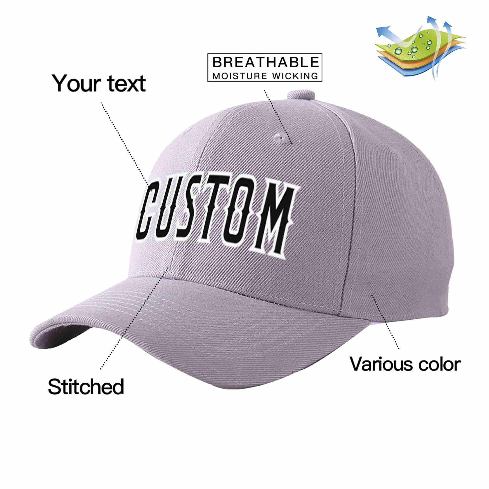 Conception personnalisée de casquette de baseball de sport incurvée gris noir-blanc pour hommes/femmes/jeunes