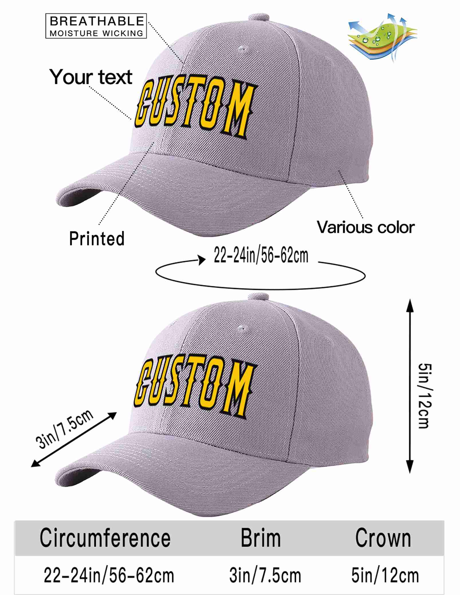 Custom Gray Gold-Black Curved Eaves Sport Baseball Cap Design for Men/Women/Youth