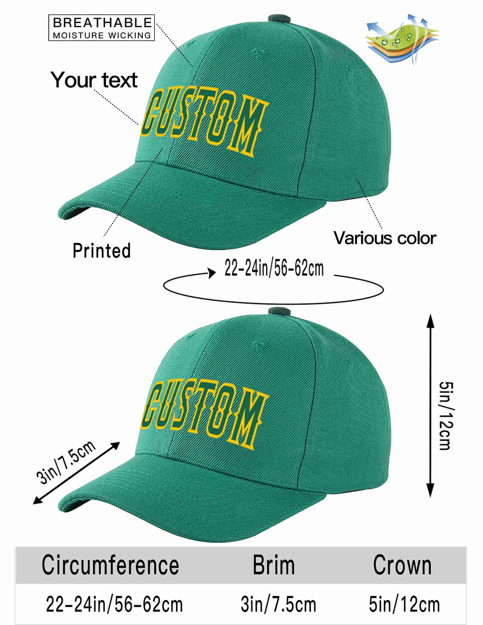 Custom Light Green Kelly Green-Gold Curved Eaves Sport Baseball Cap Design for Men/Women/Youth