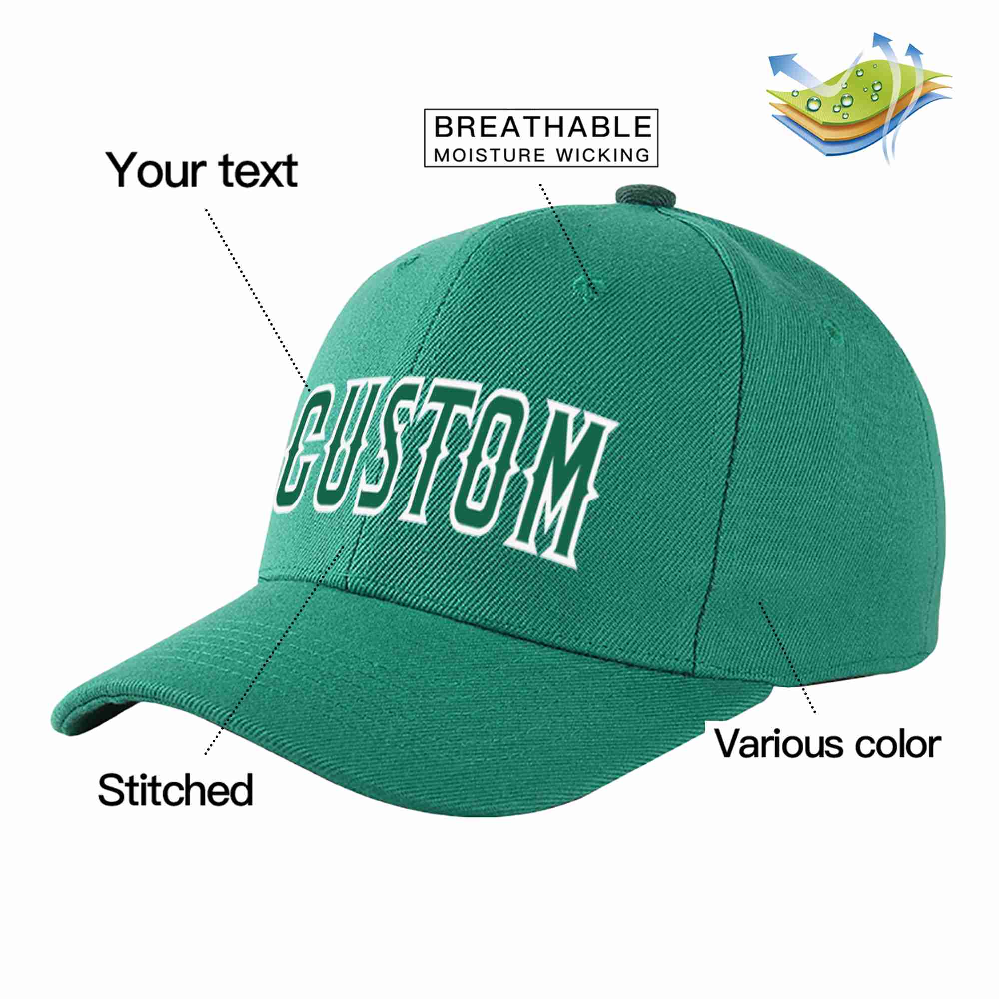 Custom Light Green Kelly Green-White Curved Eaves Sport Baseball Cap Design for Men/Women/Youth