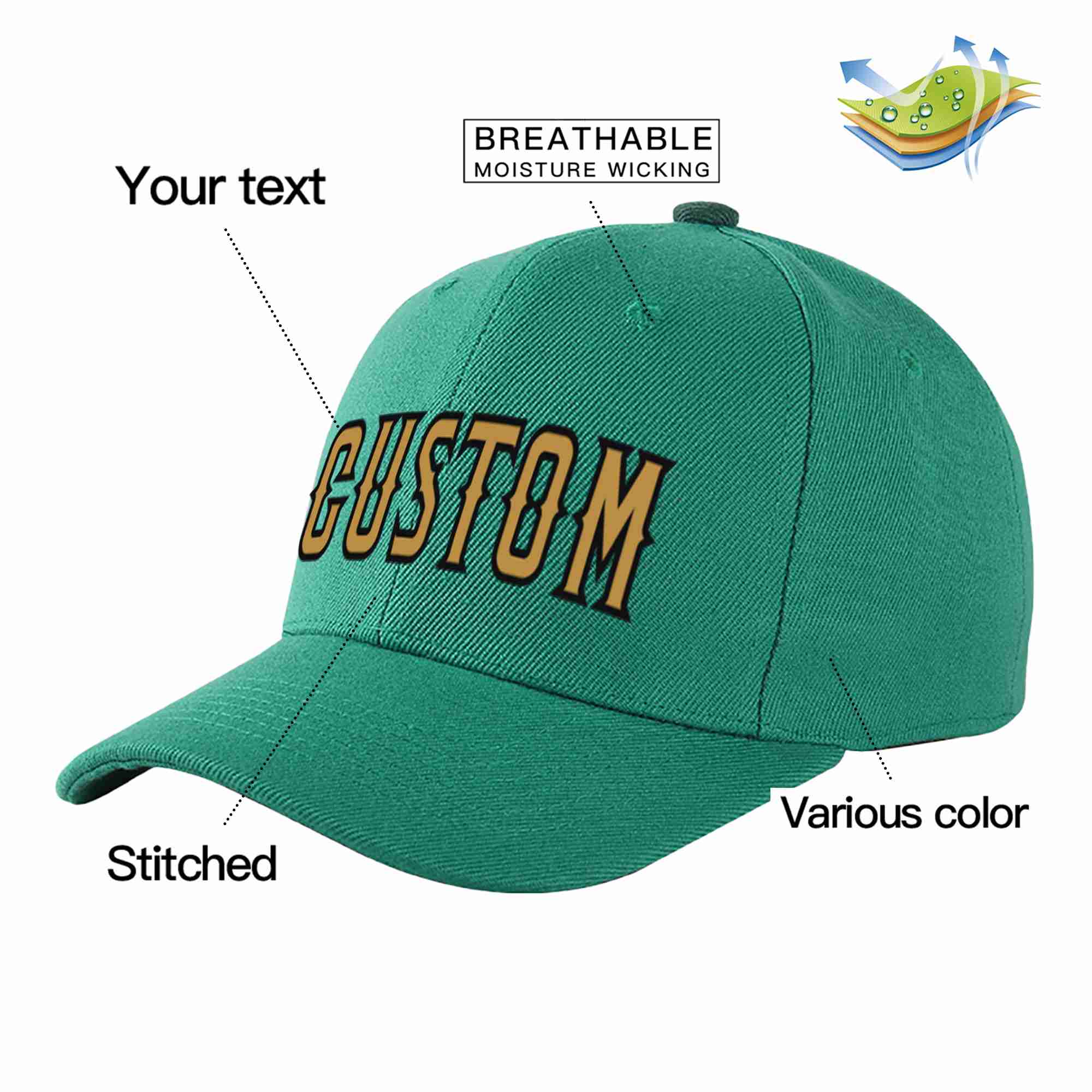 Conception personnalisée de casquette de baseball de sport à avant-toit incurvé vert clair vieux or-noir pour hommes/femmes/jeunes