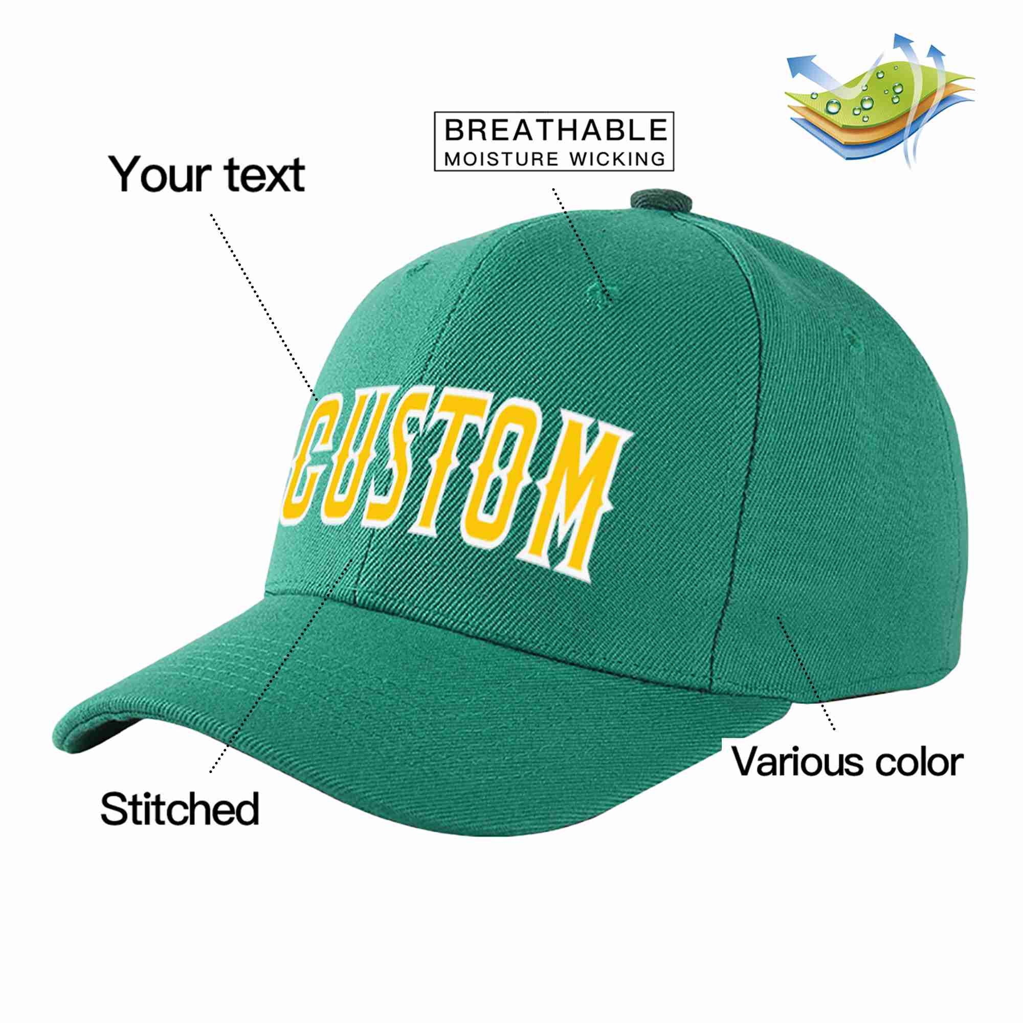 Conception personnalisée de casquette de baseball de sport incurvée vert clair or-blanc pour hommes/femmes/jeunes