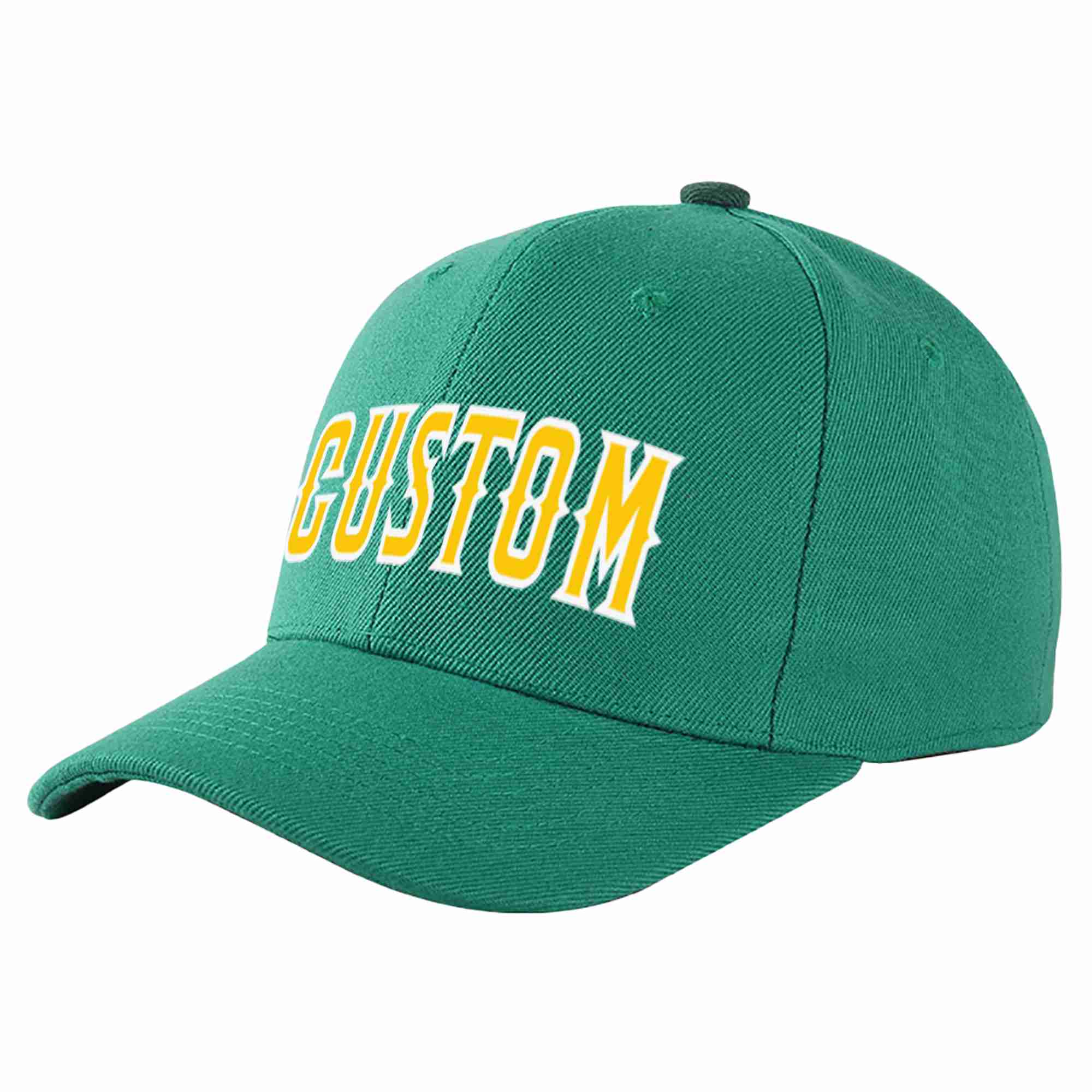 Conception personnalisée de casquette de baseball de sport incurvée vert clair or-blanc pour hommes/femmes/jeunes