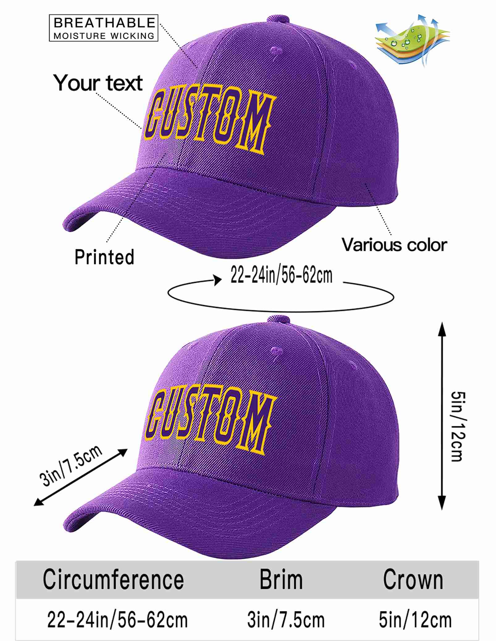 Conception personnalisée de casquette de baseball de sport incurvée violet-or pour hommes/femmes/jeunes