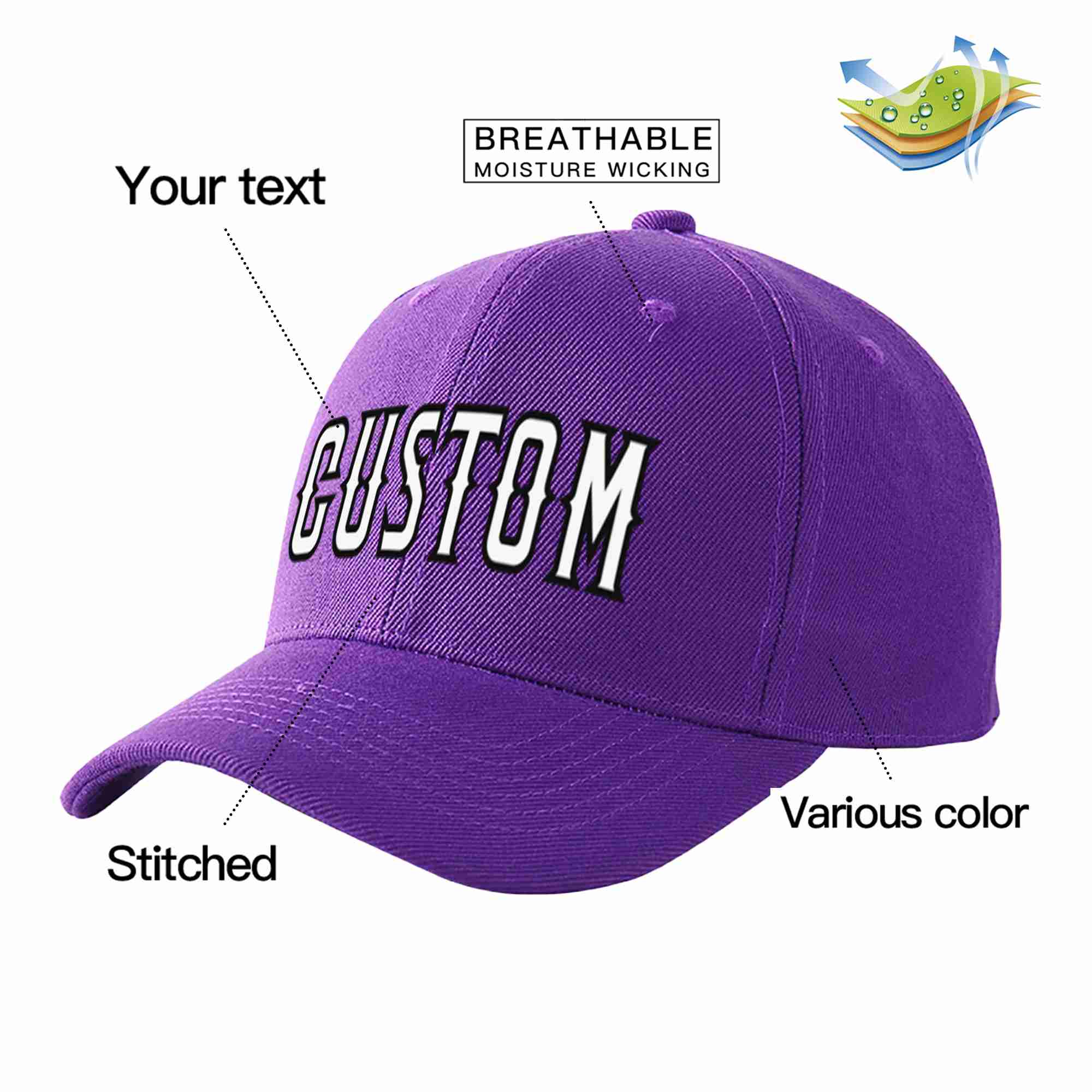 Conception personnalisée de casquette de baseball de sport incurvée violet blanc-noir pour hommes/femmes/jeunes