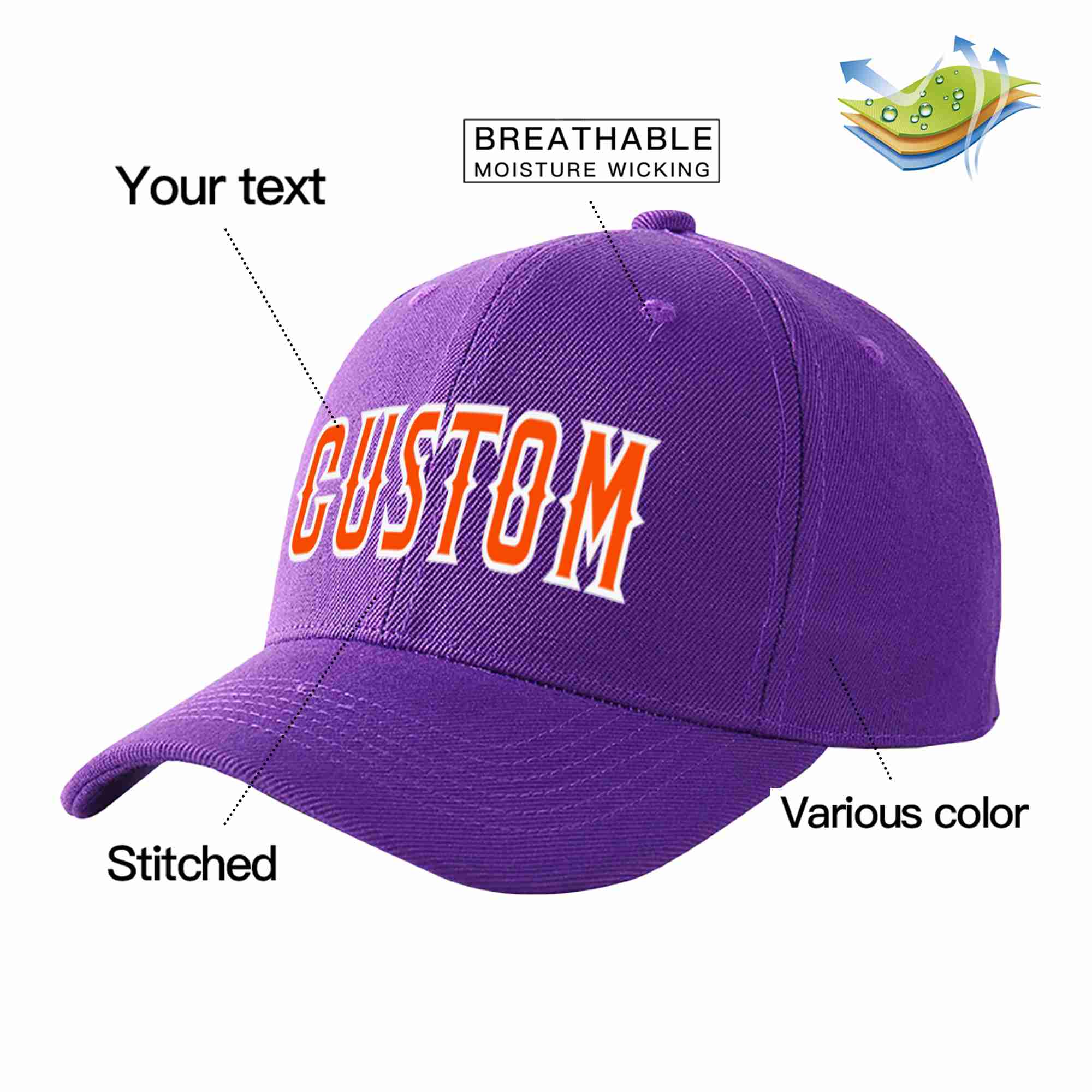 Conception personnalisée de casquette de baseball de sport incurvée violet orange-blanc pour hommes/femmes/jeunes