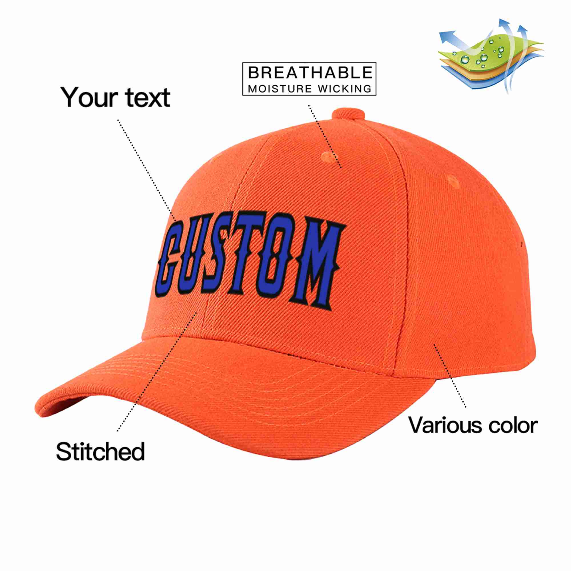 Casquette de baseball personnalisée Tangerine Royal-Black Curved Eaves Sport pour hommes/femmes/jeunes