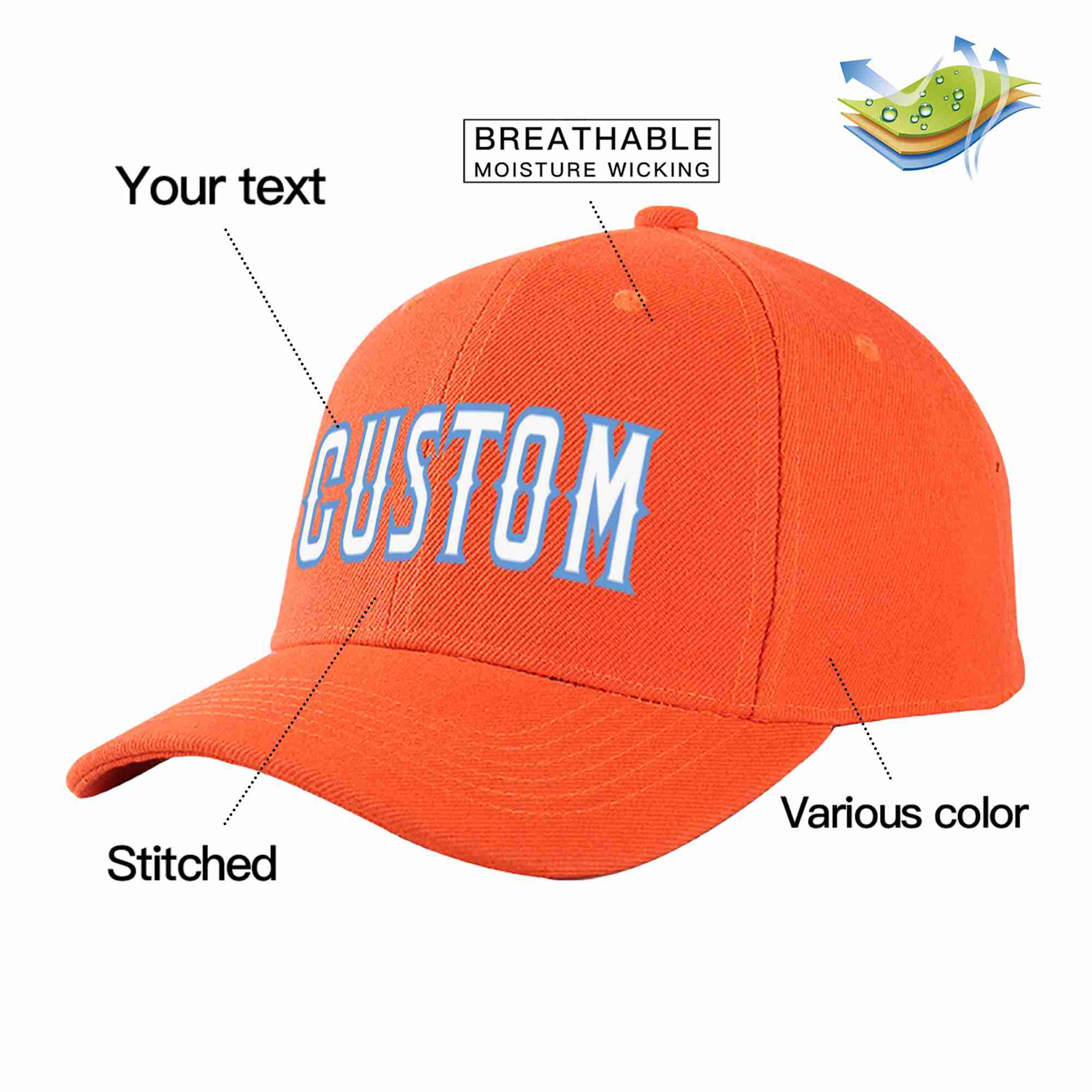 Casquette de baseball de sport incurvée personnalisée Tangerine blanc-bleu clair pour hommes/femmes/jeunes