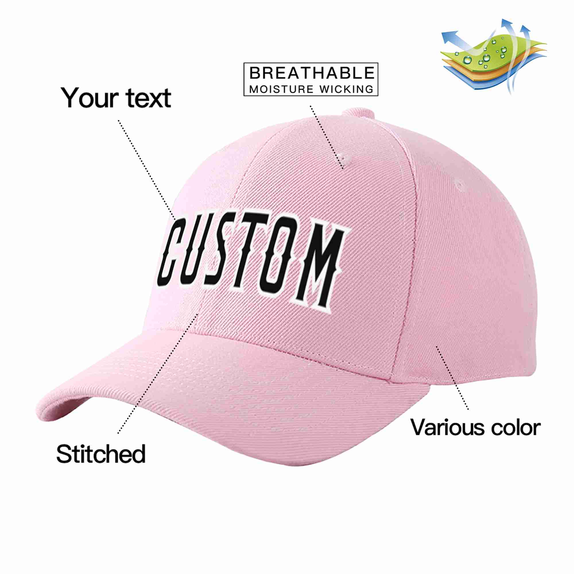 Conception personnalisée de casquette de baseball de sport incurvée rose noir-blanc pour hommes/femmes/jeunes