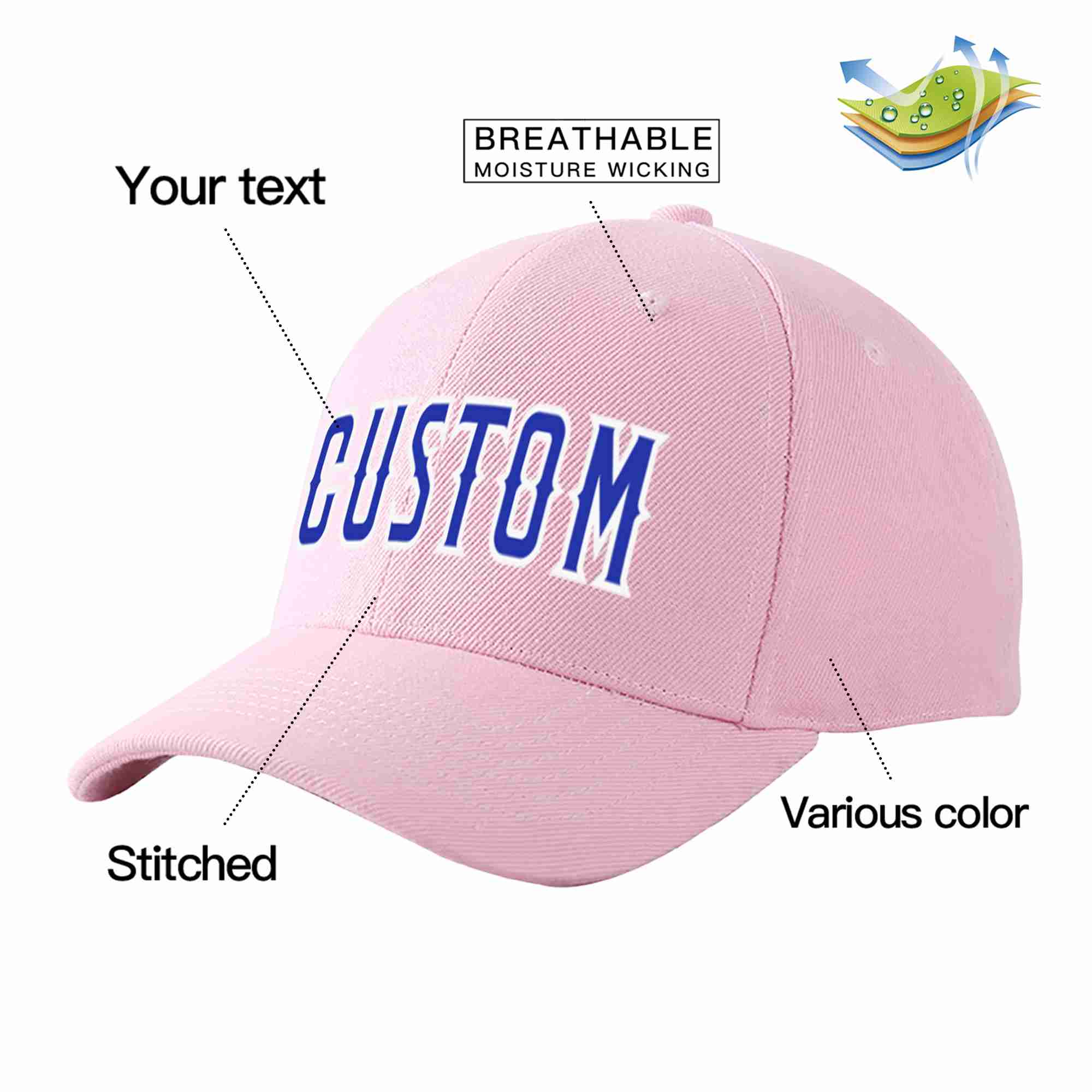 Conception personnalisée de casquette de baseball de sport incurvée rose royal-blanc pour hommes/femmes/jeunes