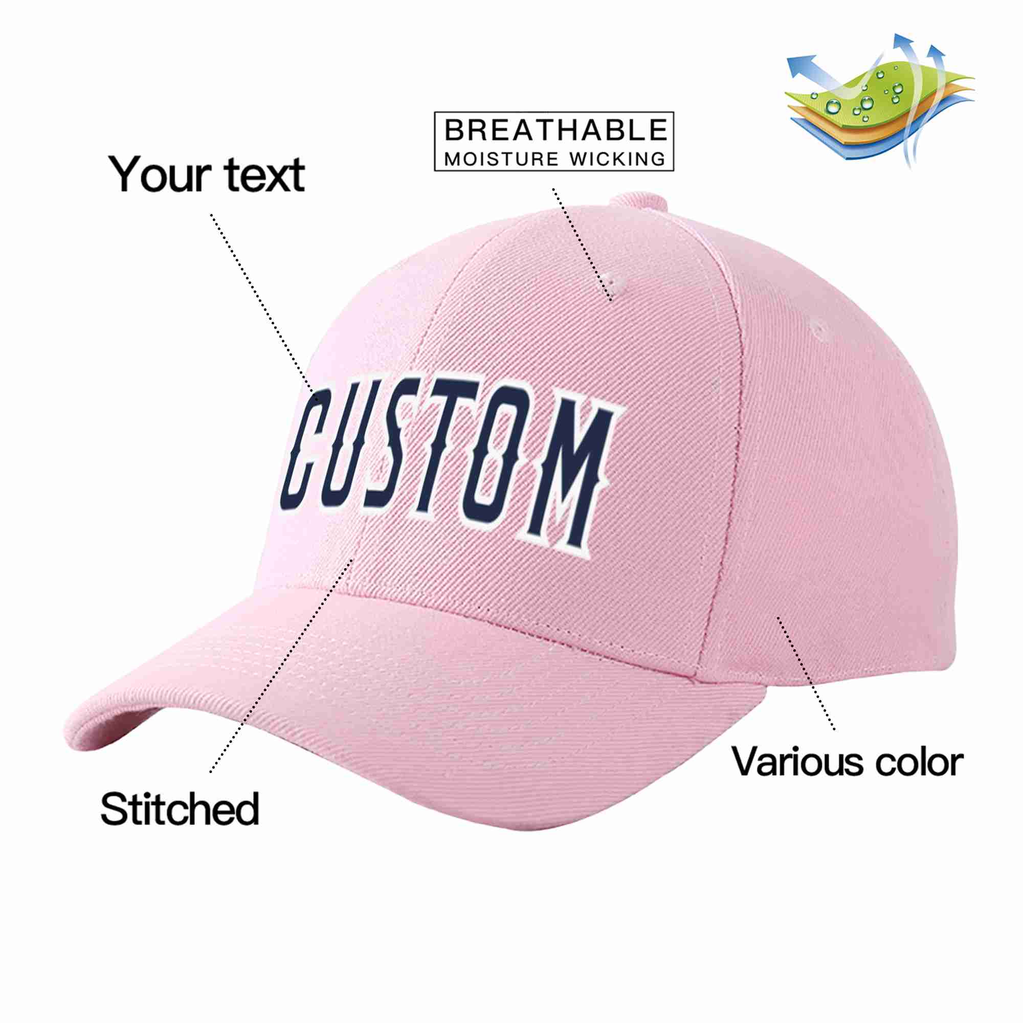 Conception personnalisée de casquette de baseball de sport incurvée rose marine-blanc pour hommes/femmes/jeunes