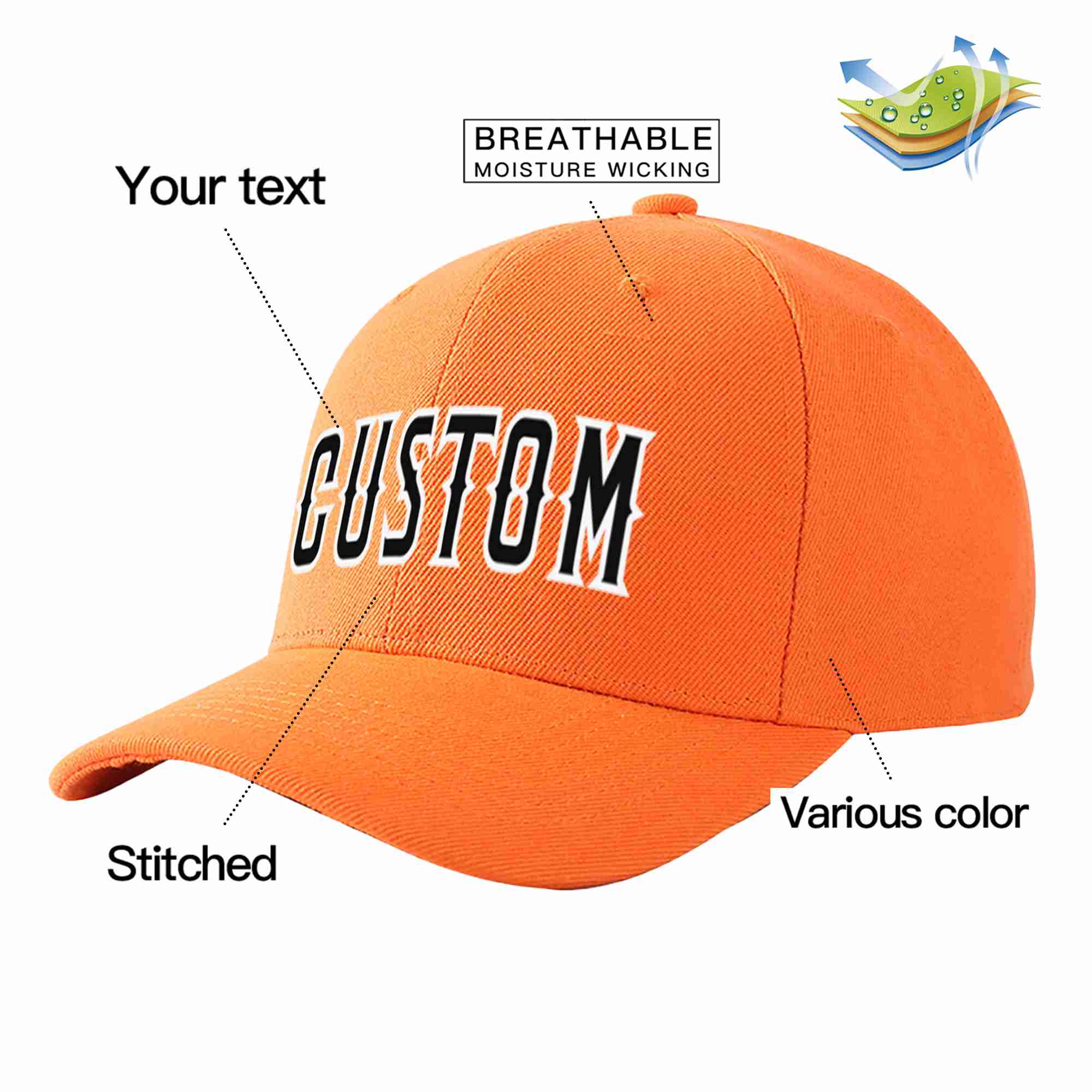 Conception personnalisée de casquette de baseball de sport incurvée orange noir-blanc pour hommes/femmes/jeunes