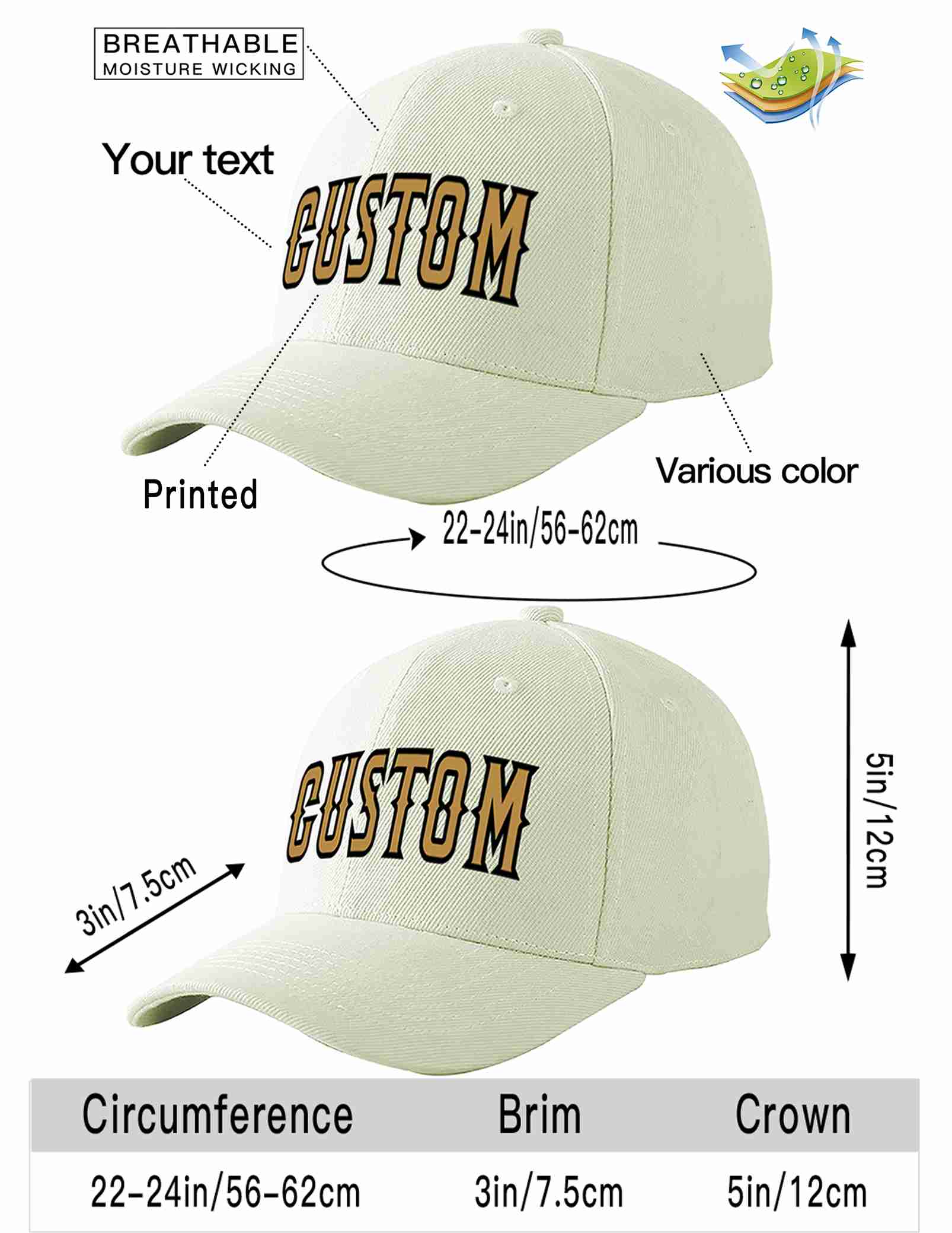 Custom Cream Old Gold-Black Curved Eaves Sport Baseball Cap Design for Men/Women/Youth