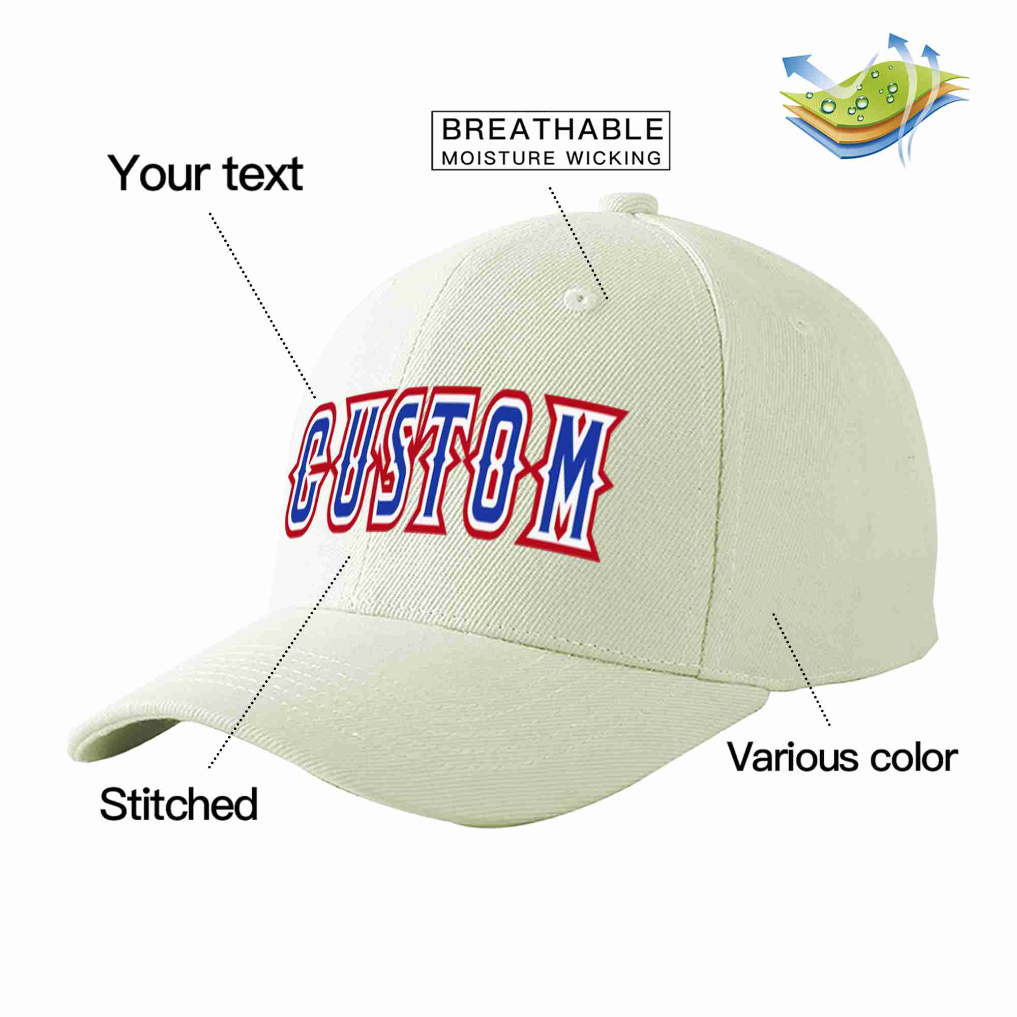 Conception personnalisée de casquette de baseball de sport incurvée blanc royal-blanc crème pour hommes/femmes/jeunes