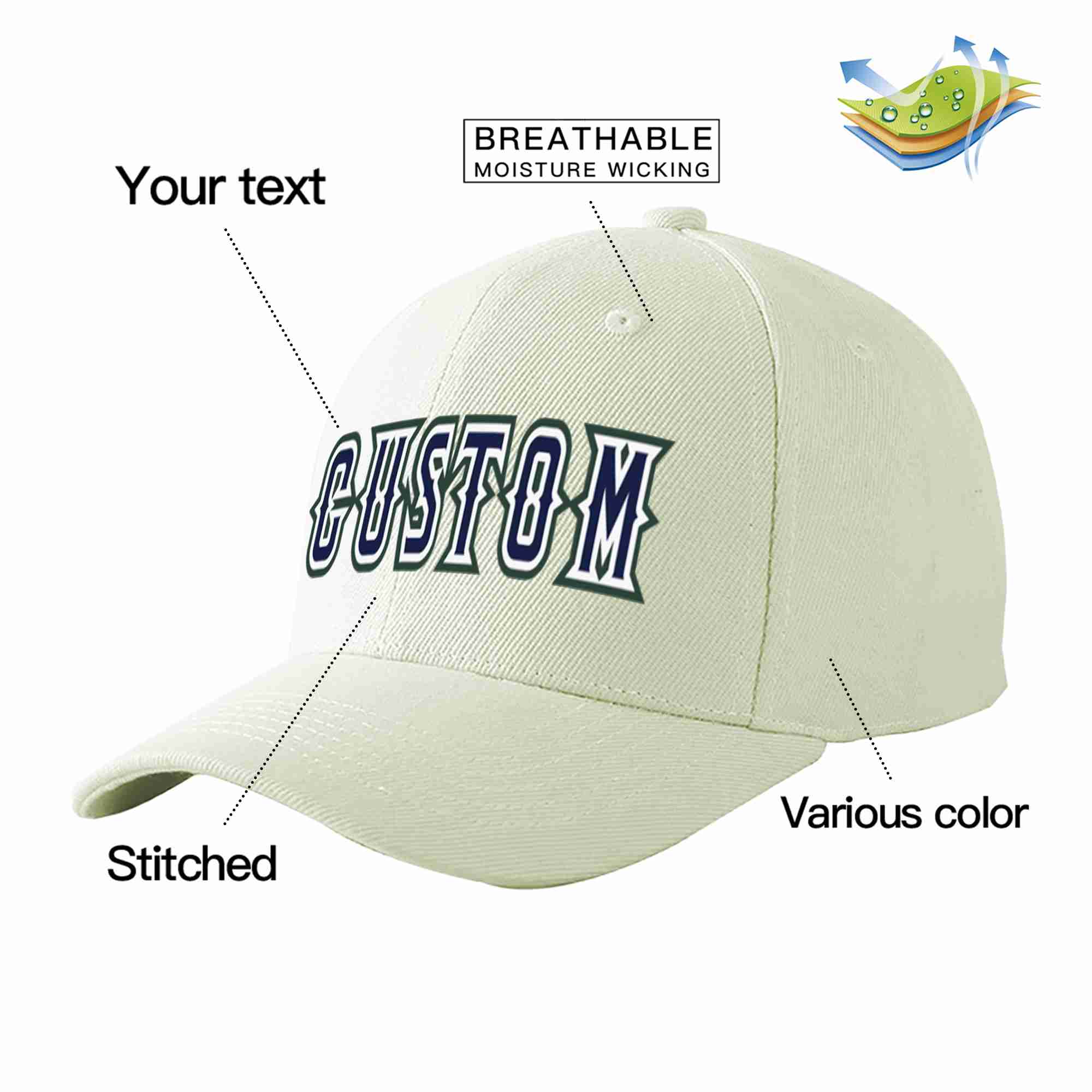 Custom Cream Navy-White Curved Eaves Sport Baseball Cap Design for Men/Women/Youth