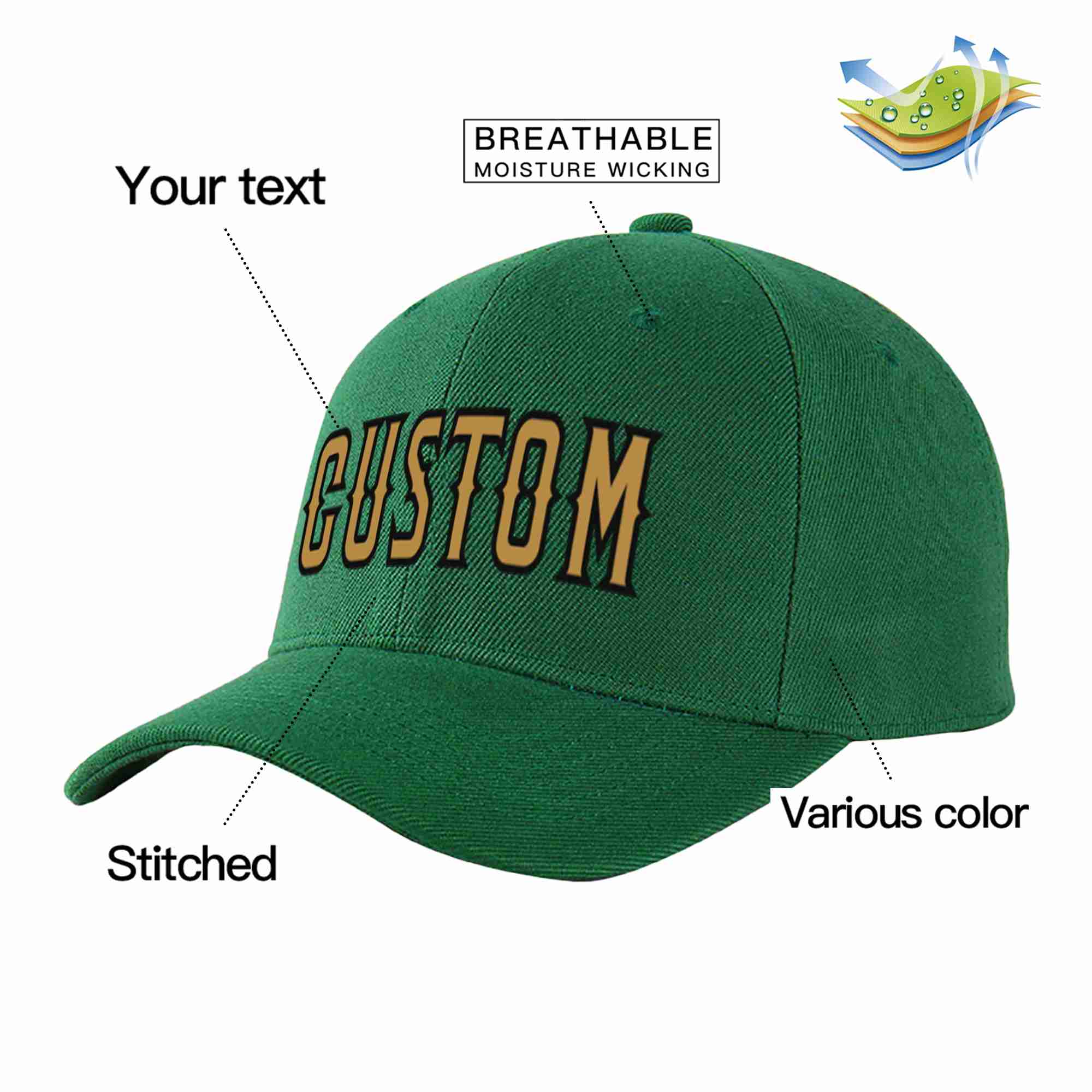 Conception personnalisée de casquette de baseball de sport à avant-toit incurvé vert vieux or-noir pour hommes/femmes/jeunes