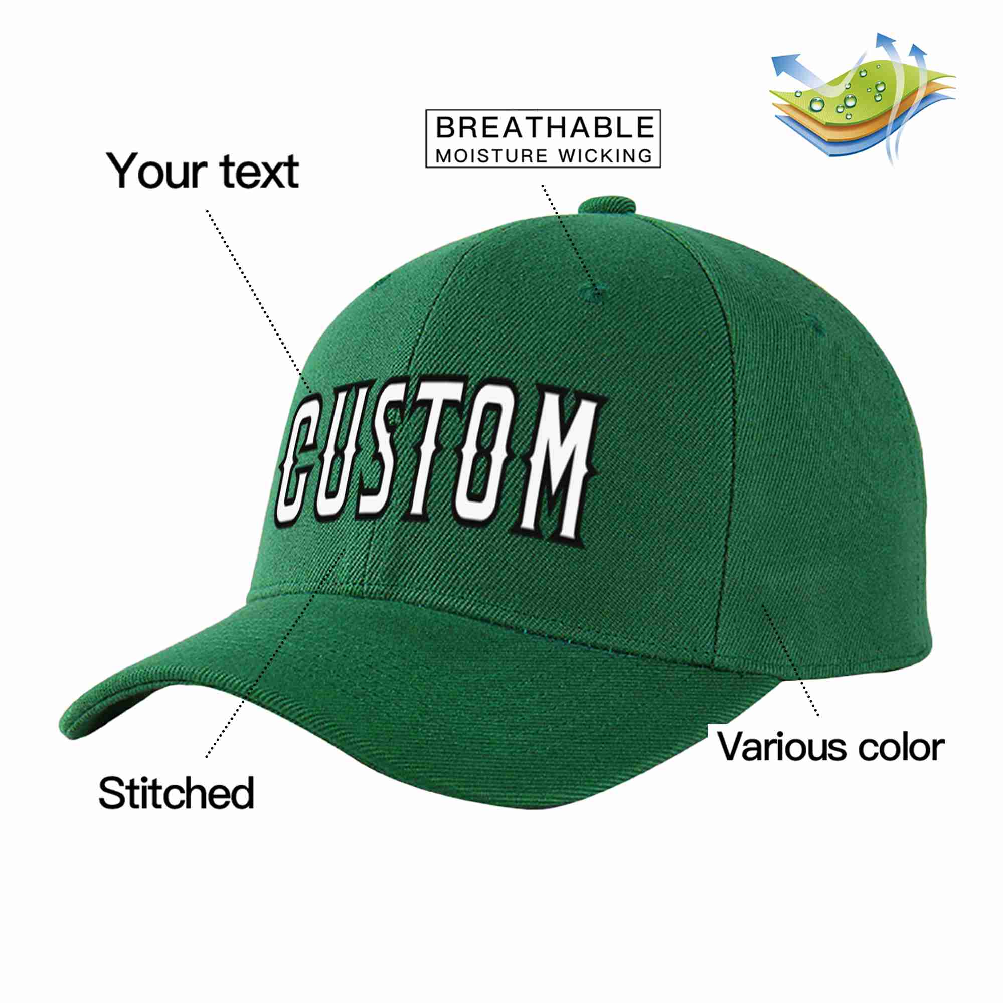 Conception personnalisée de casquette de baseball de sport incurvée vert blanc-noir pour hommes/femmes/jeunes