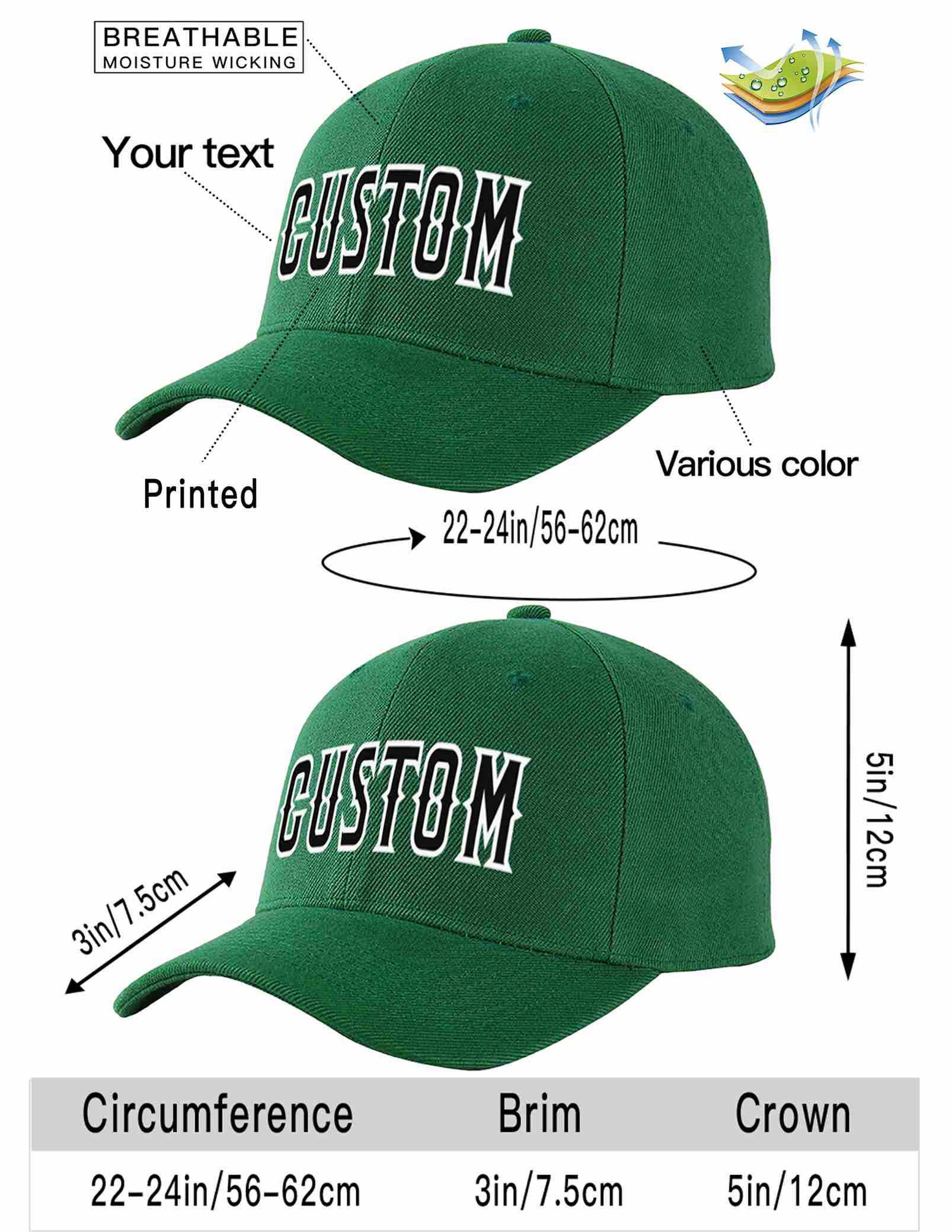 Custom Green Black-White Curved Eaves Sport Baseball Cap Design for Men/Women/Youth