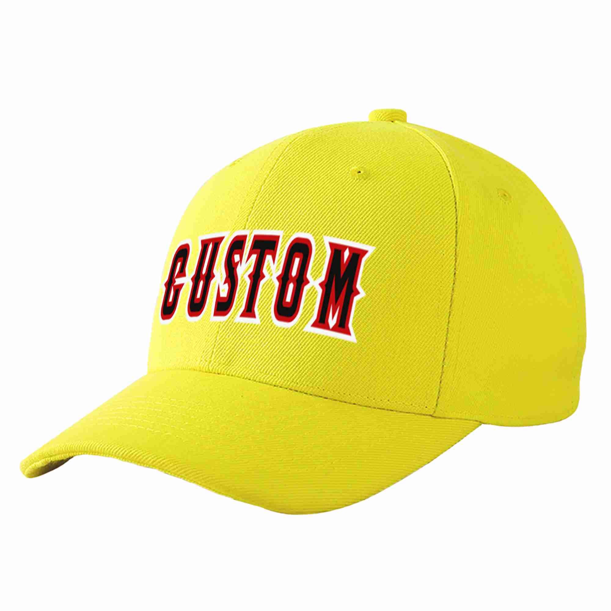 Conception personnalisée de casquette de baseball de sport incurvée jaune noir-rouge pour hommes/femmes/jeunes