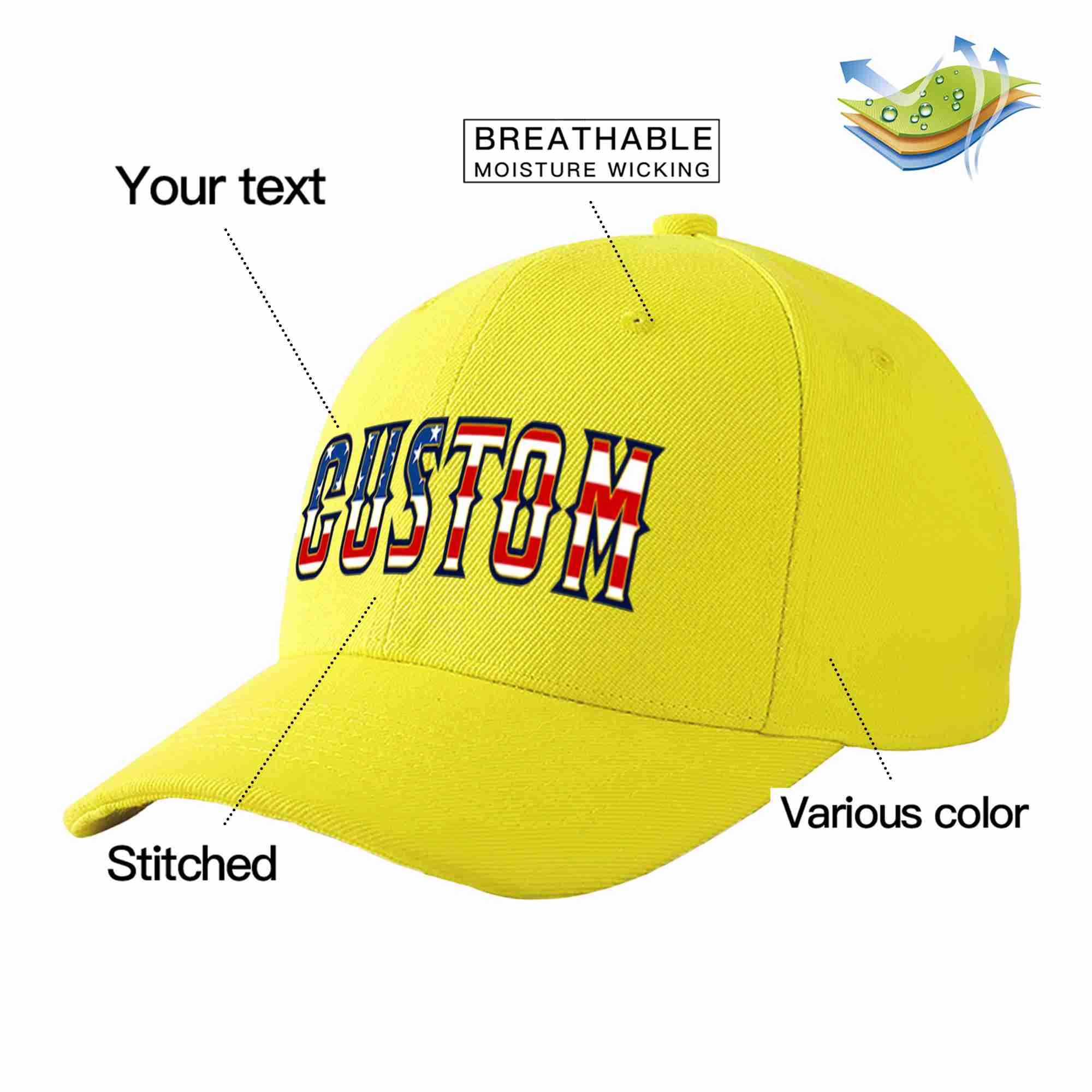 Conception de casquette de baseball de sport à avant-toit incurvé jaune personnalisé avec drapeau américain vintage pour hommes/femmes/jeunes