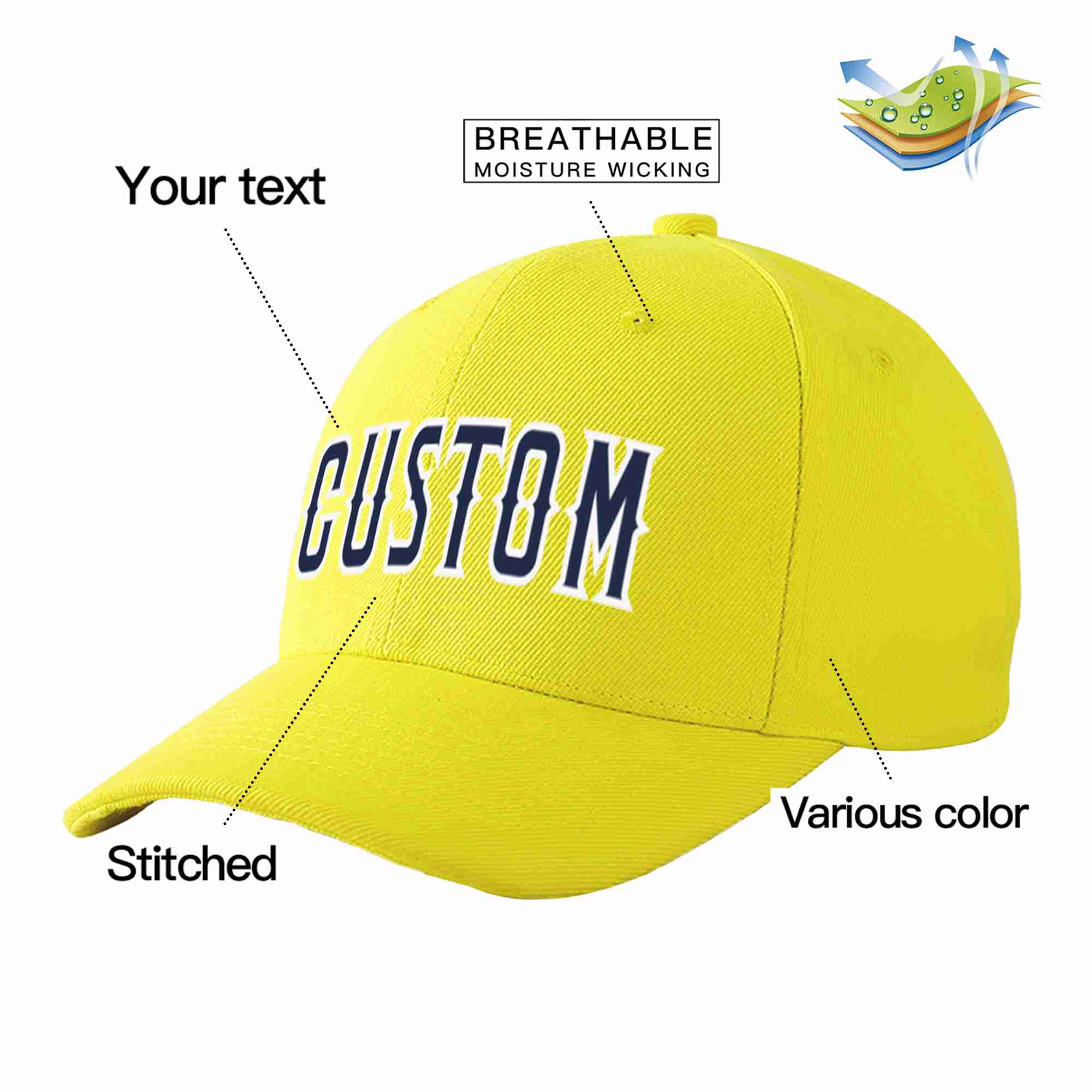 Conception personnalisée de casquette de baseball de sport incurvée jaune marine-blanc pour hommes/femmes/jeunes