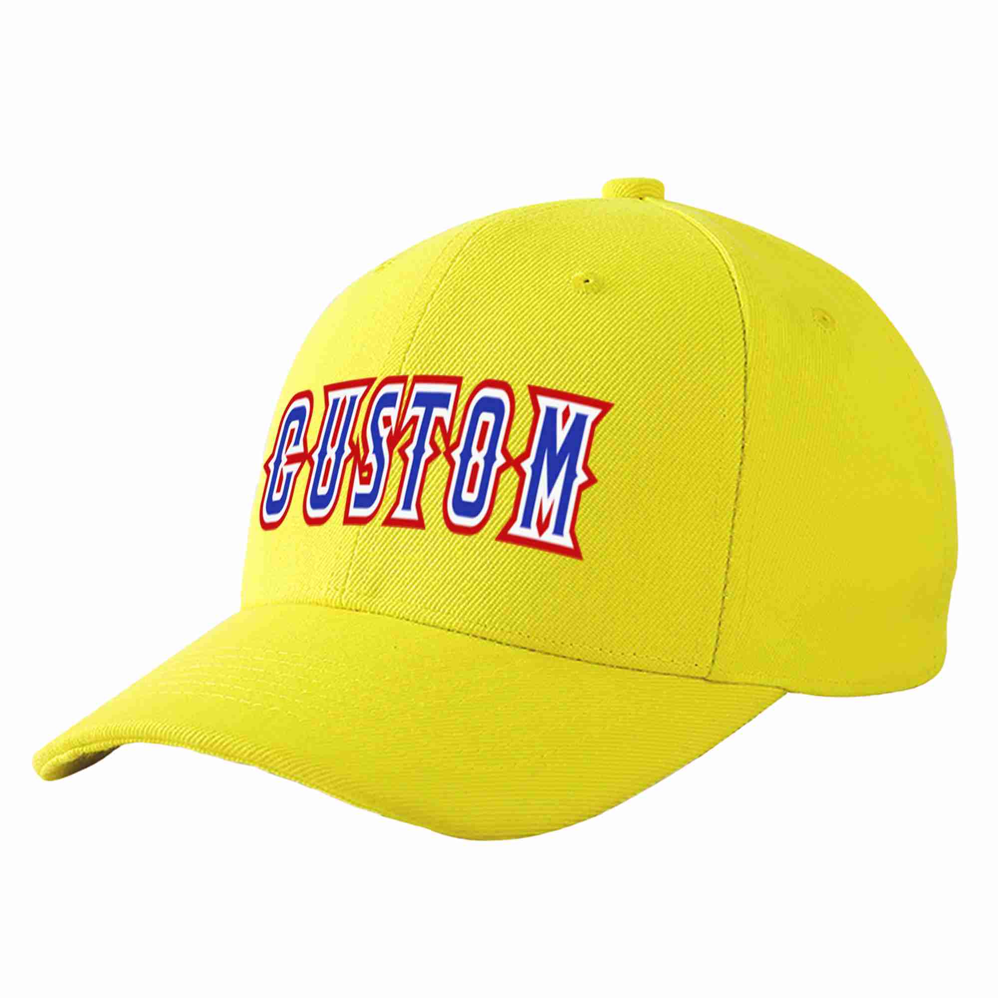 Conception personnalisée de casquette de baseball de sport incurvée jaune royal-blanc pour hommes/femmes/jeunes