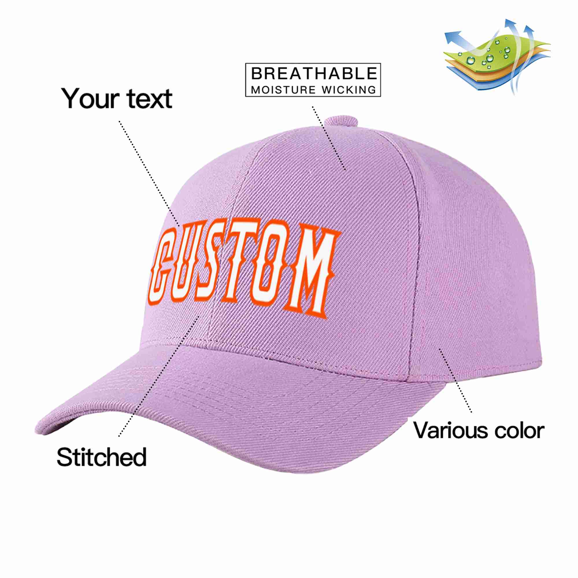 Custom Light Purple White-Orange Curved Eaves Sport Baseball Cap Design for Men/Women/Youth