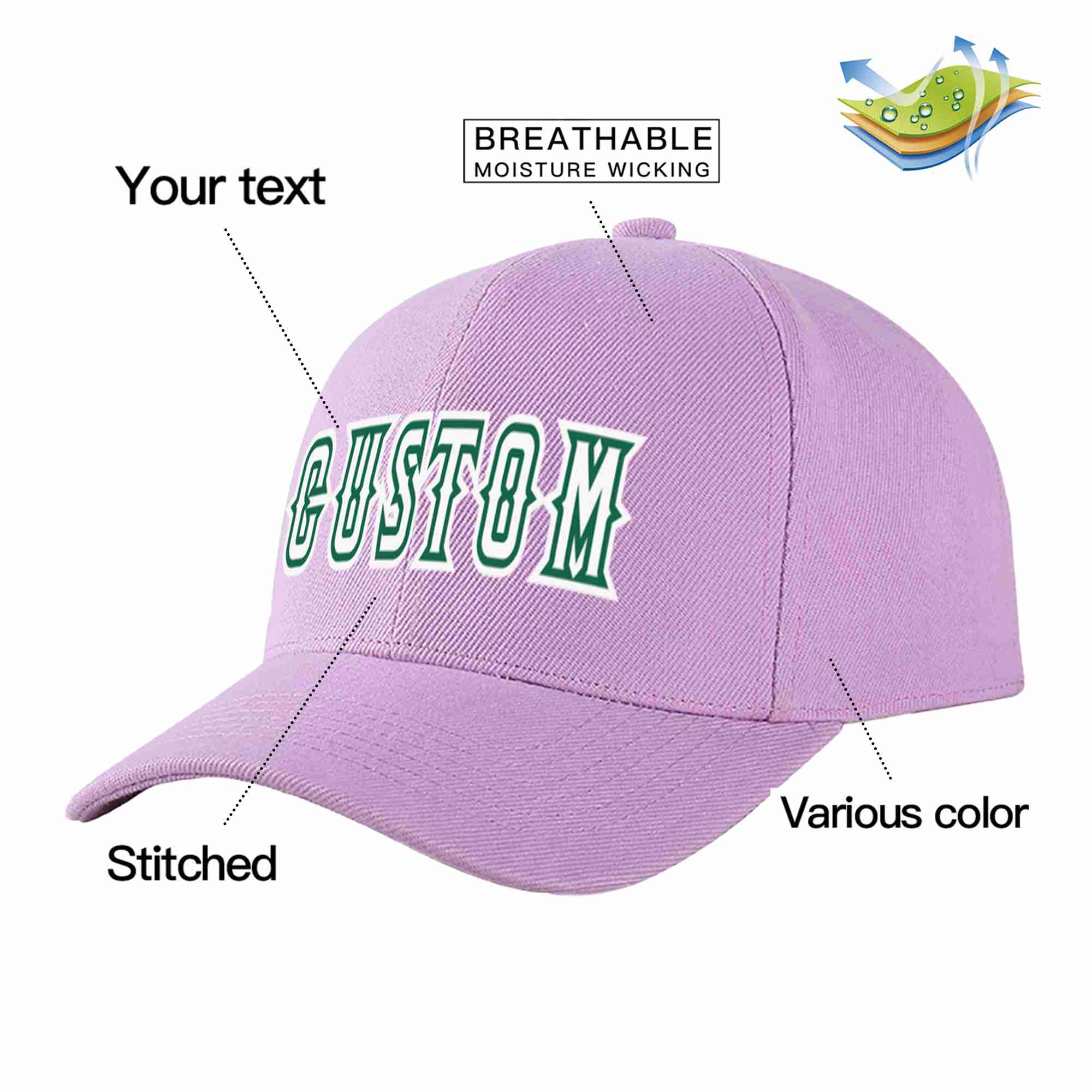 Custom Light Purple White-Kelly Green Curved Eaves Sport Baseball Cap Design for Men/Women/Youth