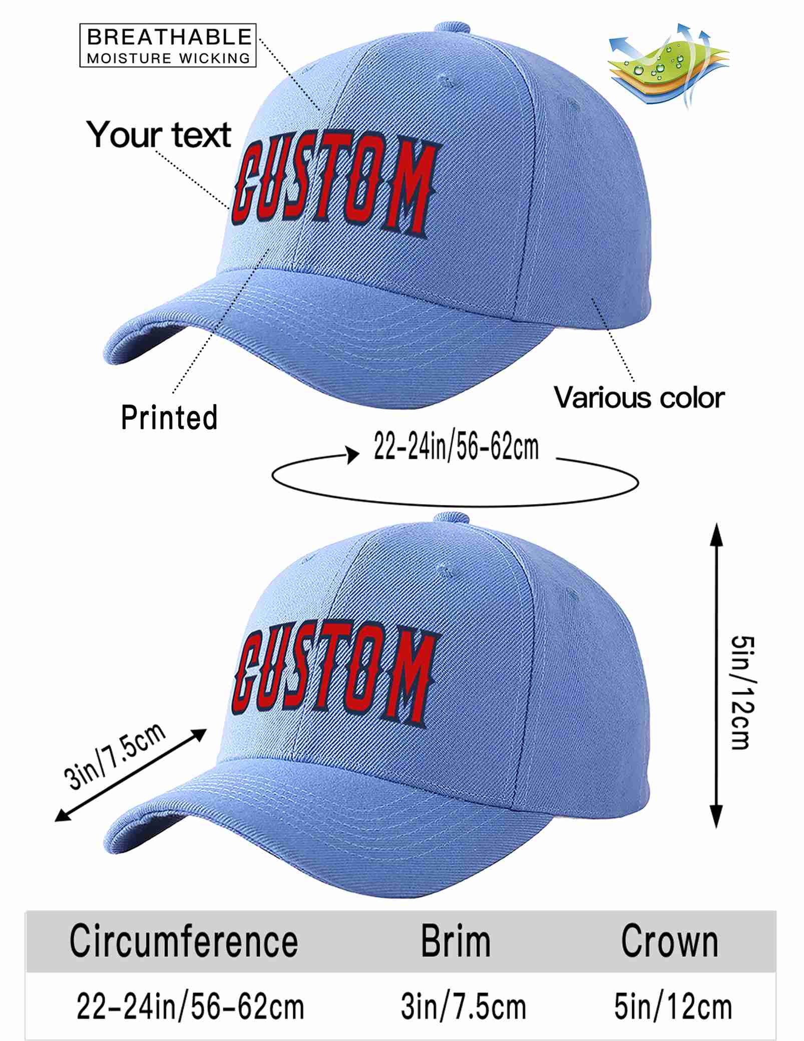 Custom Sky Blue Red-Navy Curved Eaves Sport Baseball Cap Design for Men/Women/Youth