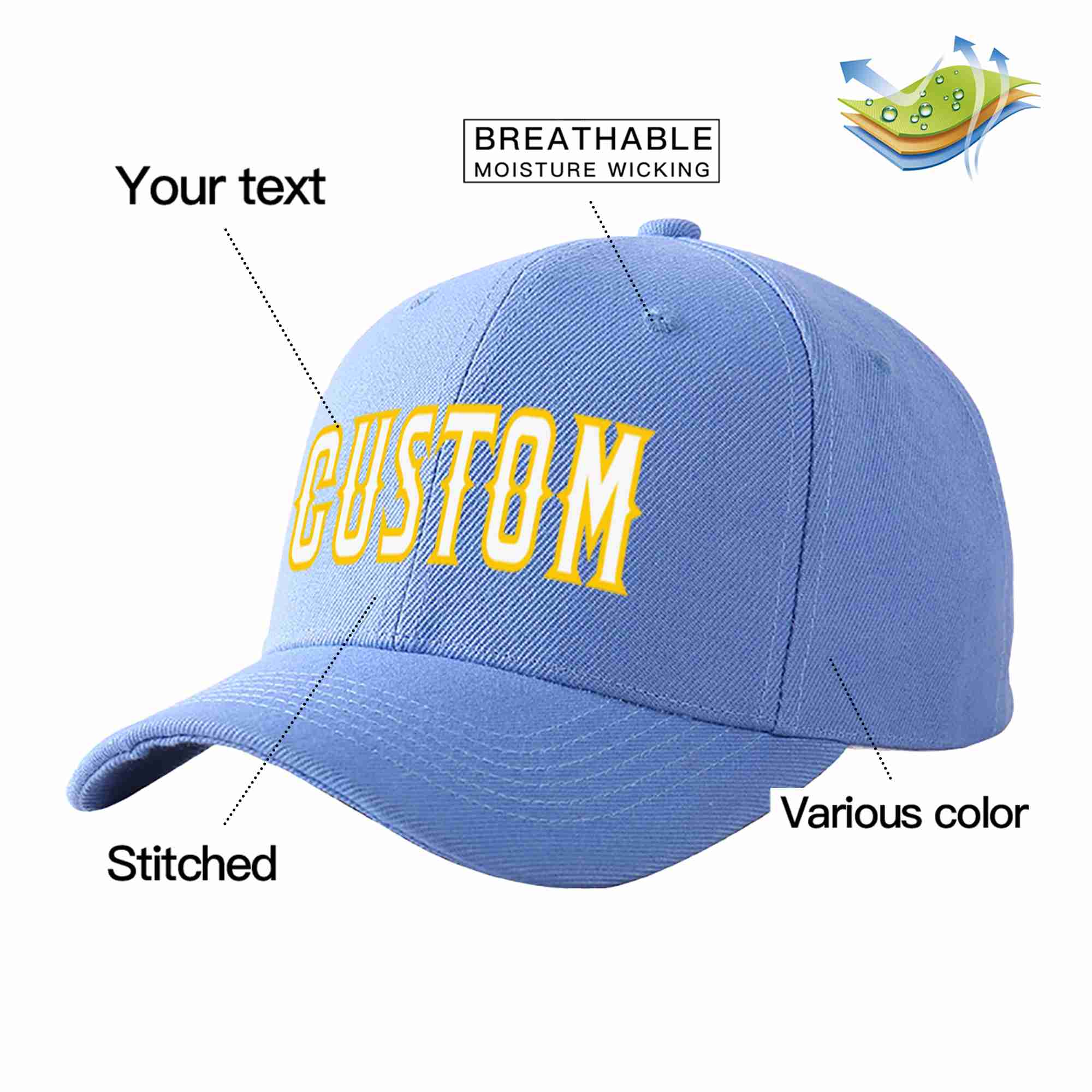 Conception personnalisée de casquette de baseball de sport courbée bleu ciel blanc-or pour hommes/femmes/jeunes