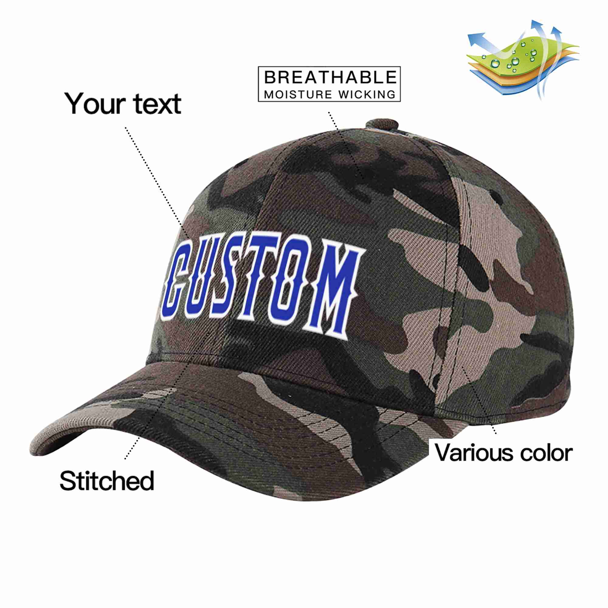 Custom Camo Royal-White Curved Eaves Sport Baseball Cap Design for Men/Women/Youth