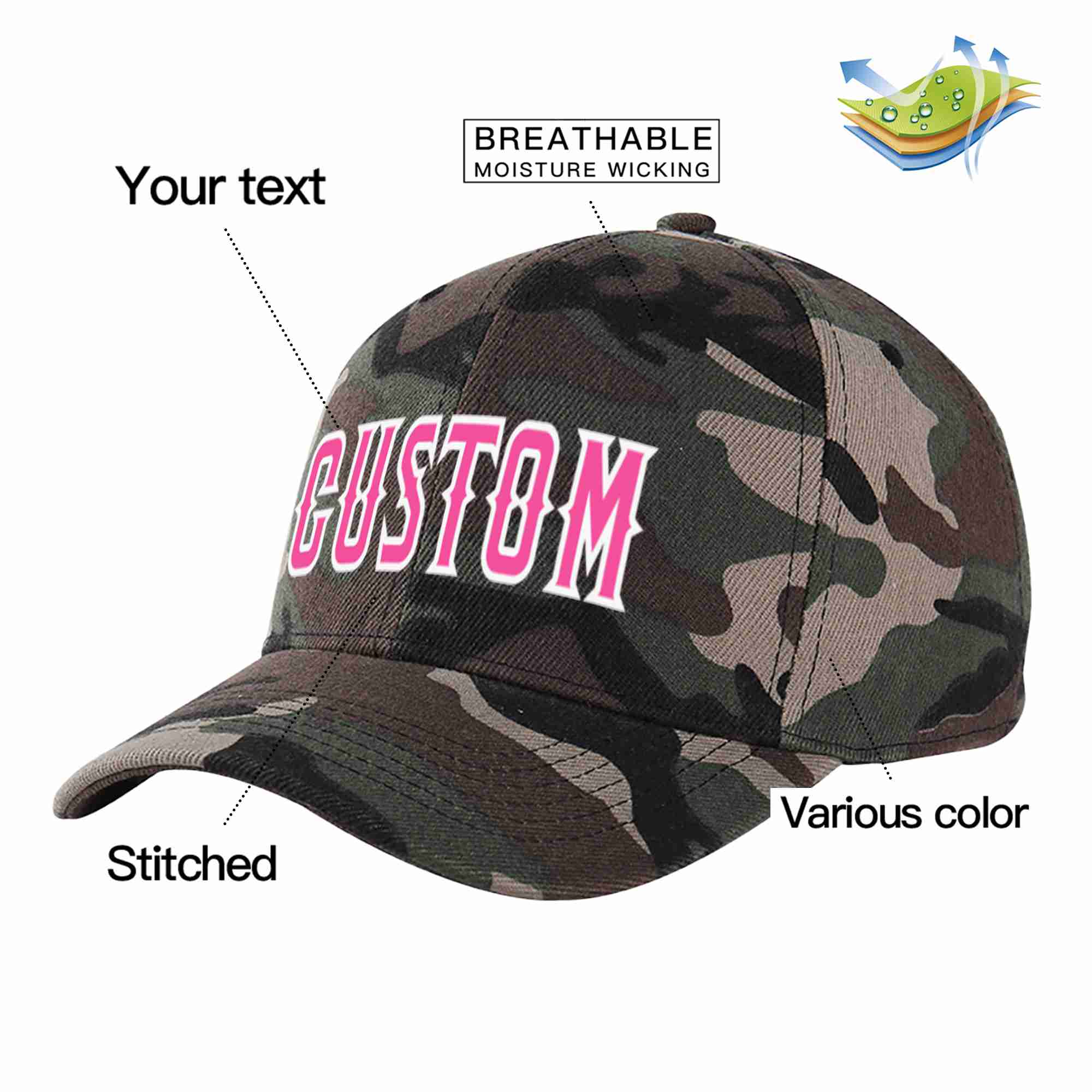 Casquette de baseball de sport incurvée rose-blanc camouflage personnalisée pour hommes/femmes/jeunes