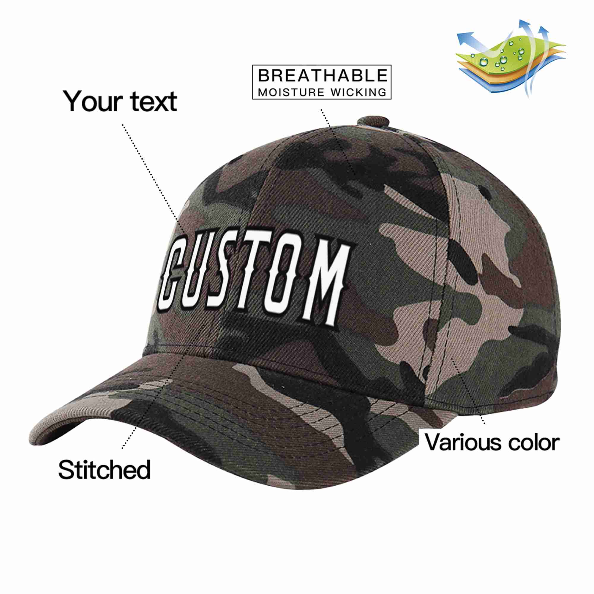 Custom Camo White-Black Curved Eaves Sport Baseball Cap Design for Men/Women/Youth