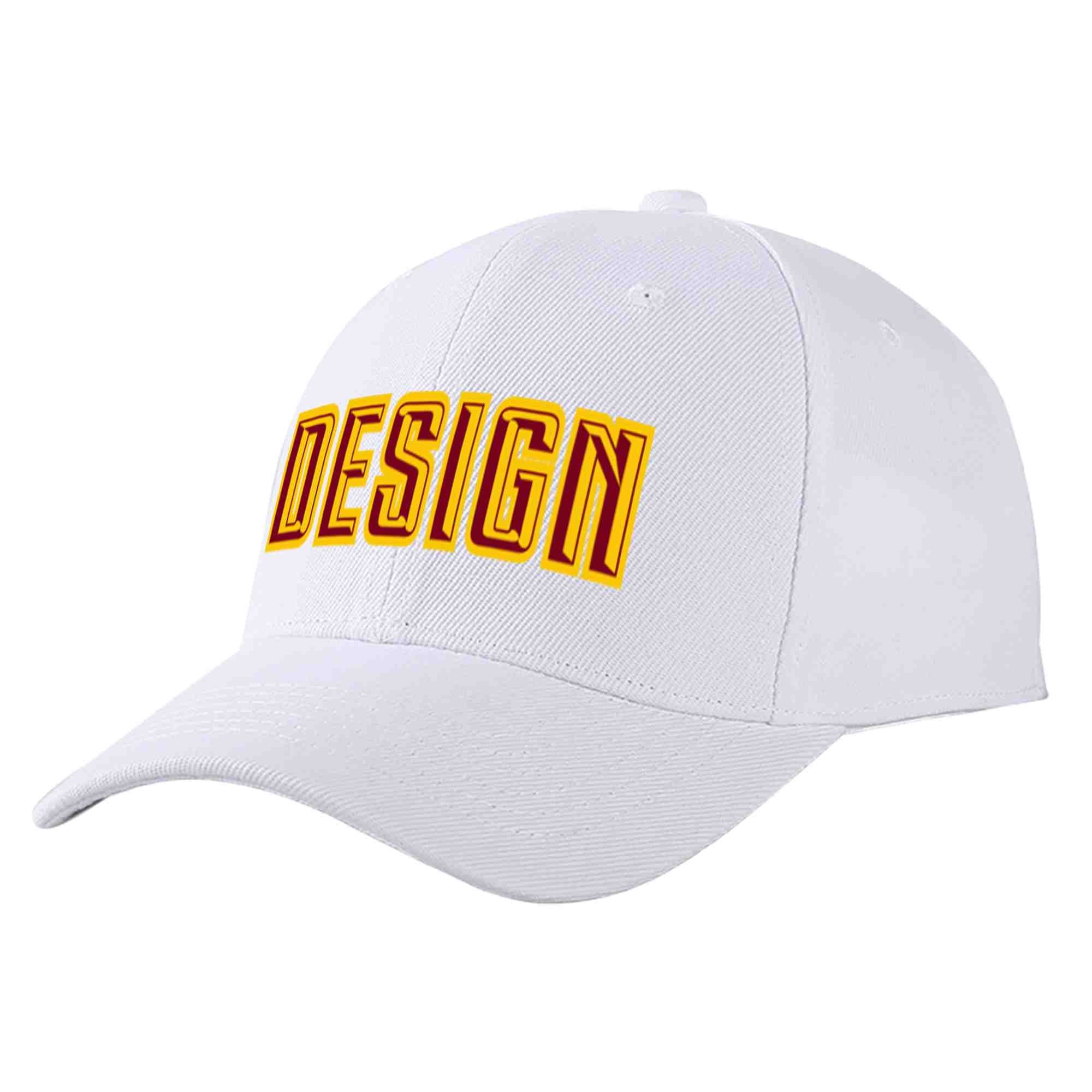 Custom White Crimson-Yellow Curved Eaves Sport Design Baseball Cap