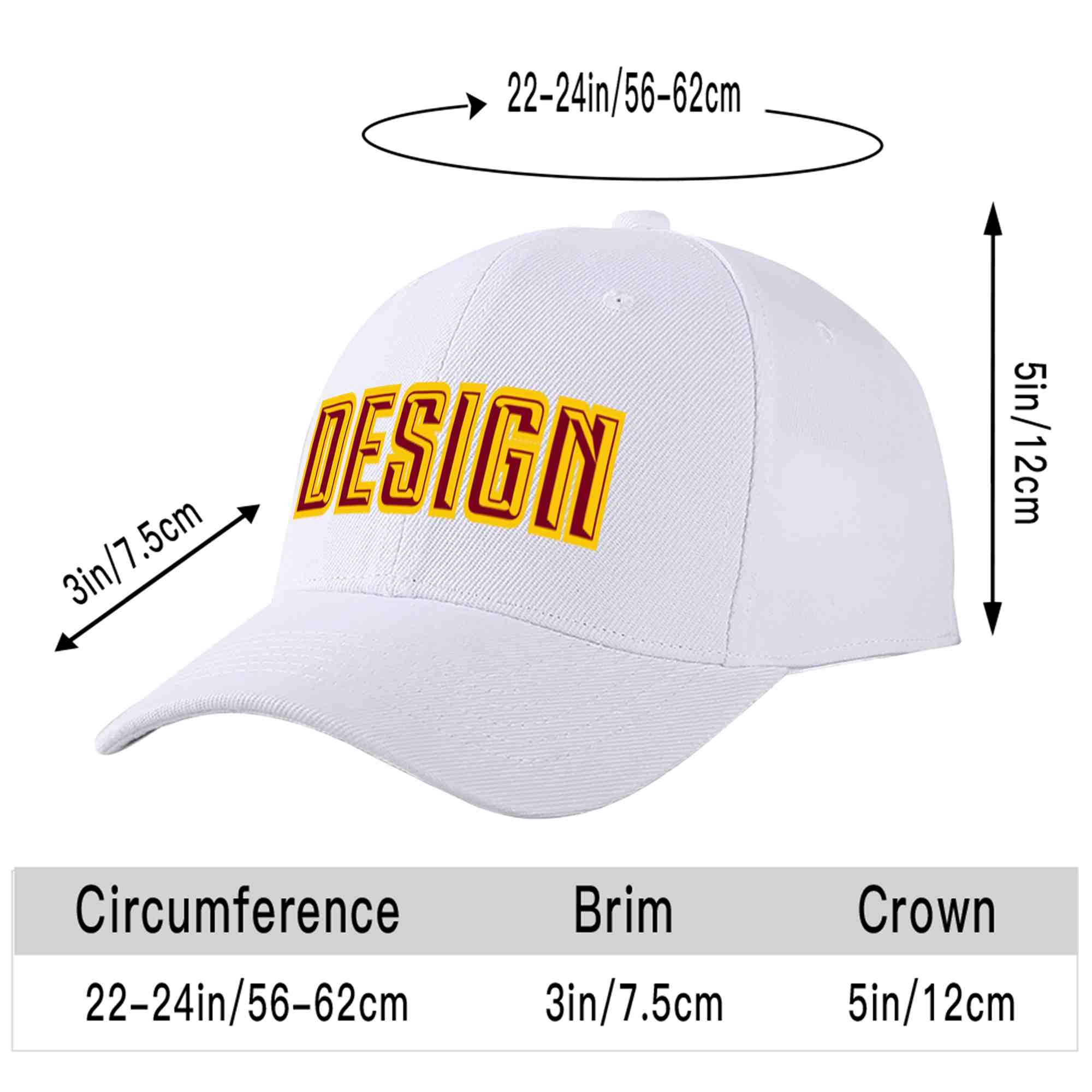 Custom White Crimson-Yellow Curved Eaves Sport Design Baseball Cap