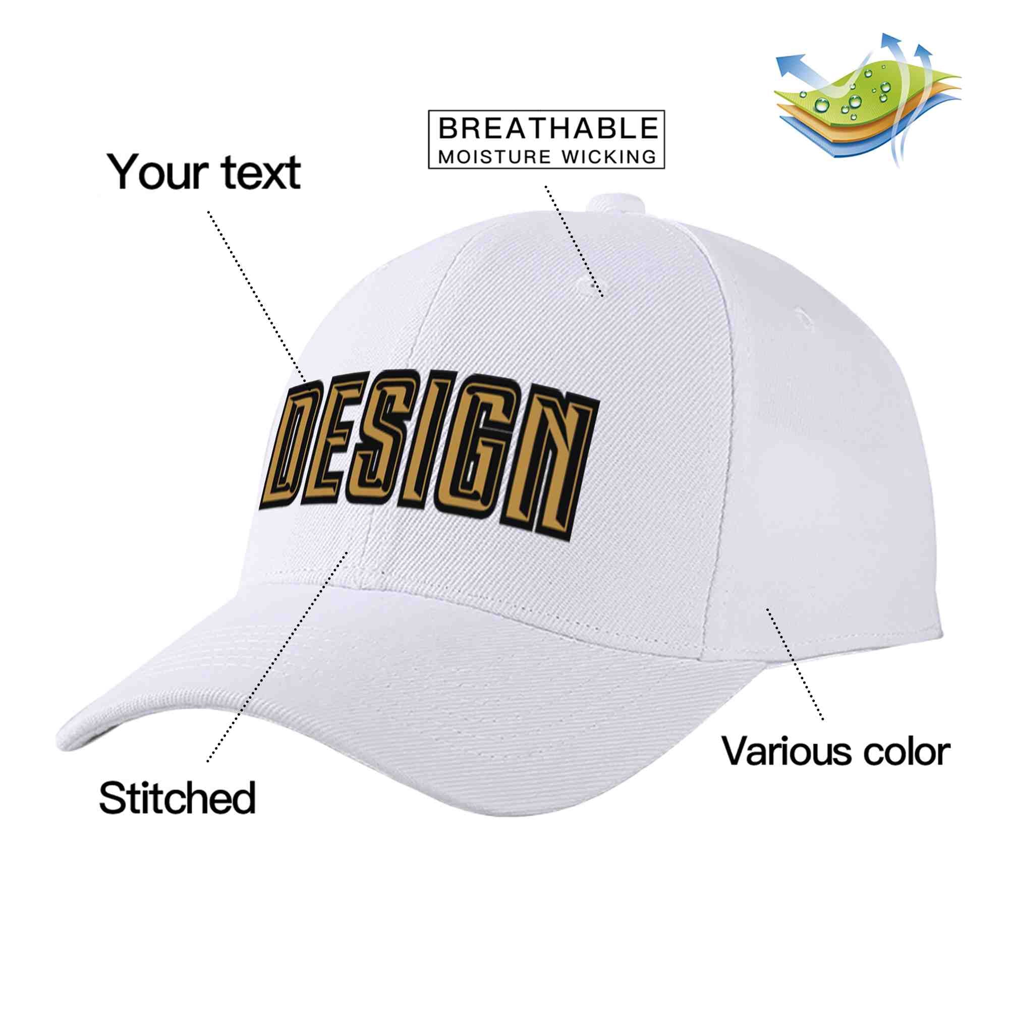 Custom White Old Gold-Black Curved Eaves Sport Design Baseball Cap