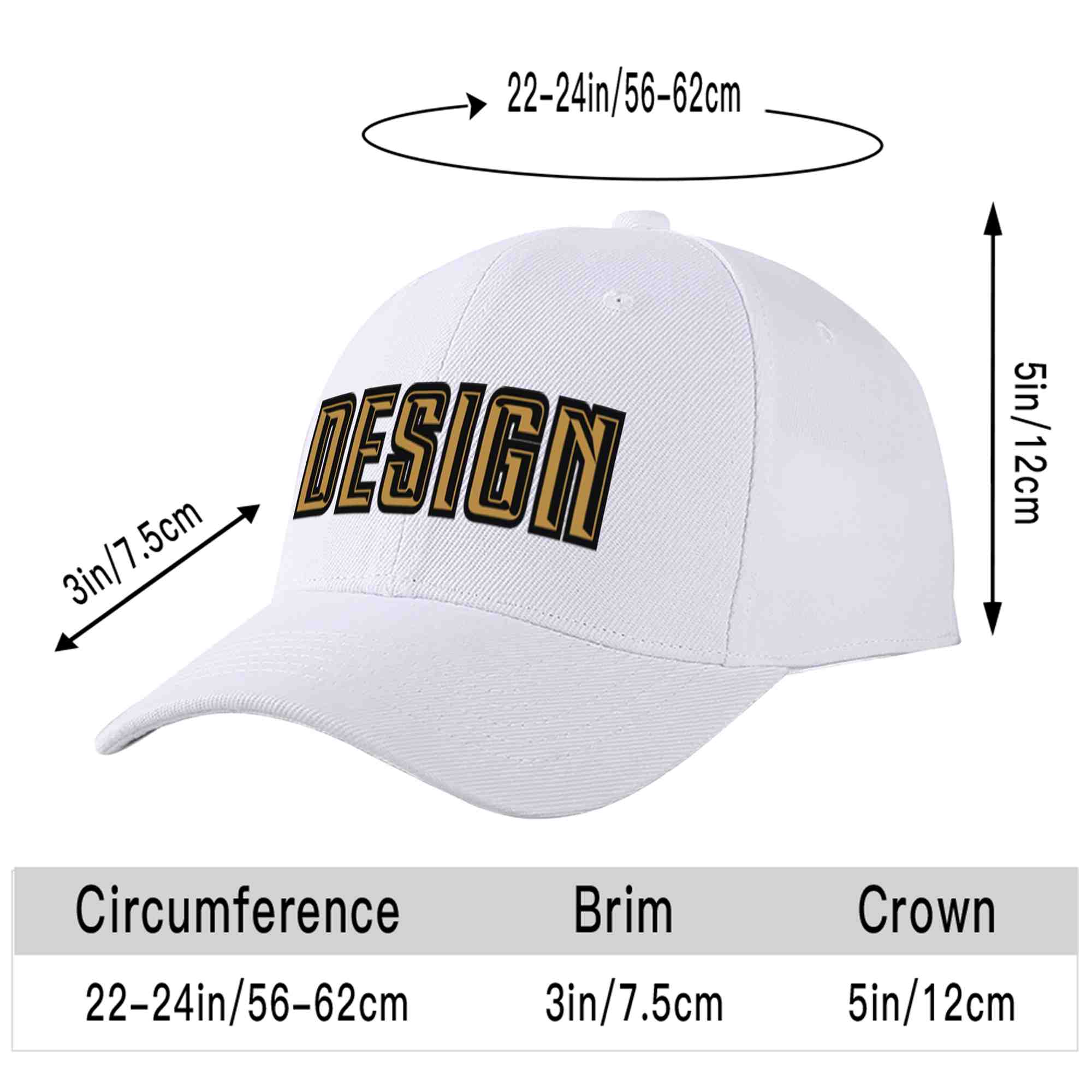 Custom White Old Gold-Black Curved Eaves Sport Design Baseball Cap