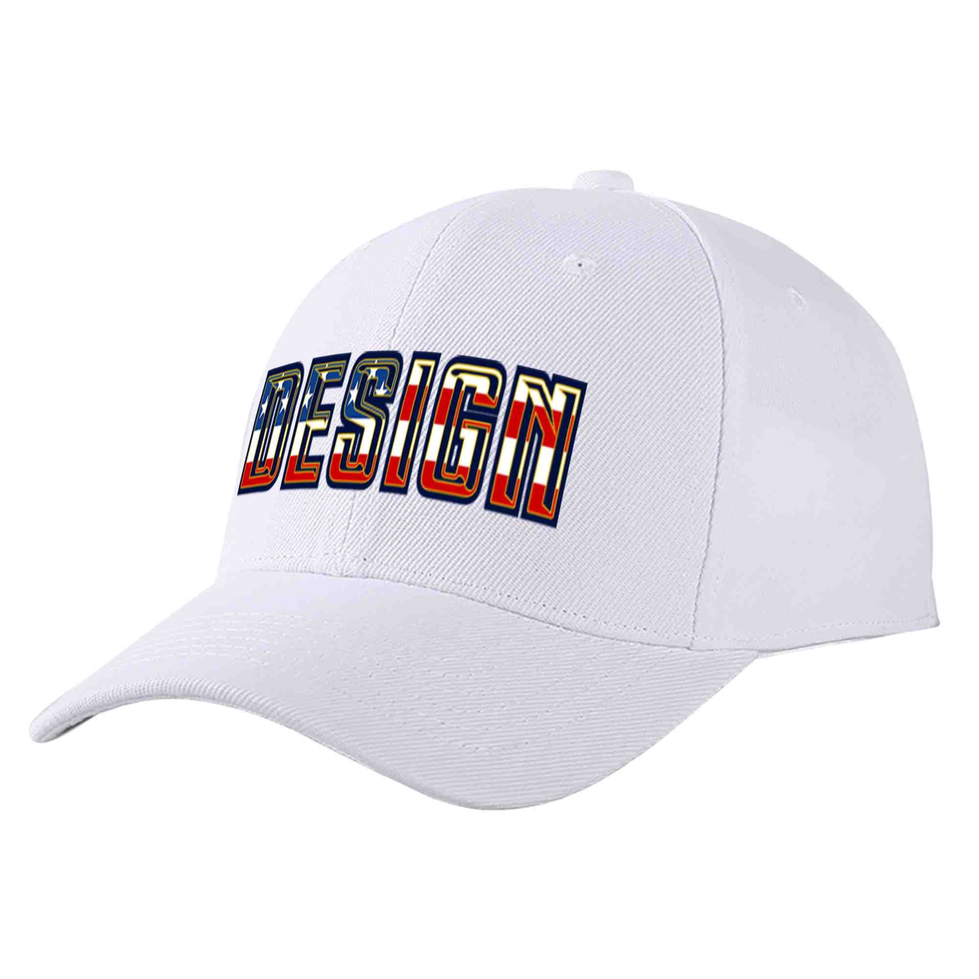 Casquette de baseball personnalisée avec drapeau américain vintage, design sportif, avec avant-toit incurvé doré, blanc