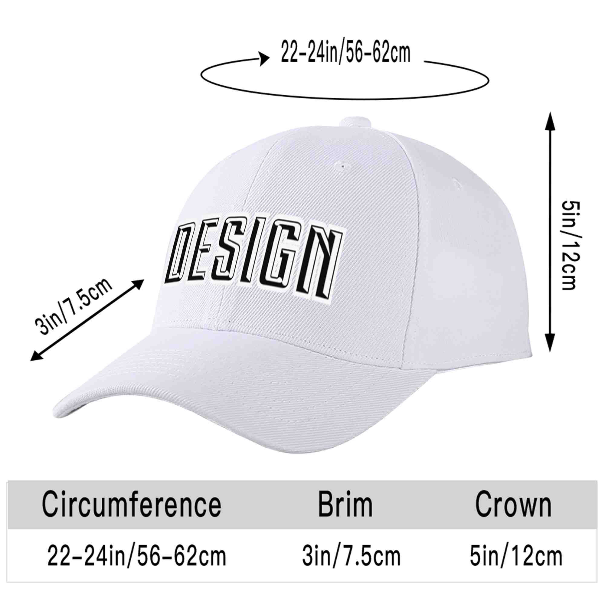 Casquette de baseball personnalisée blanche, noire et blanche, design sportif, avec avant-toit incurvé