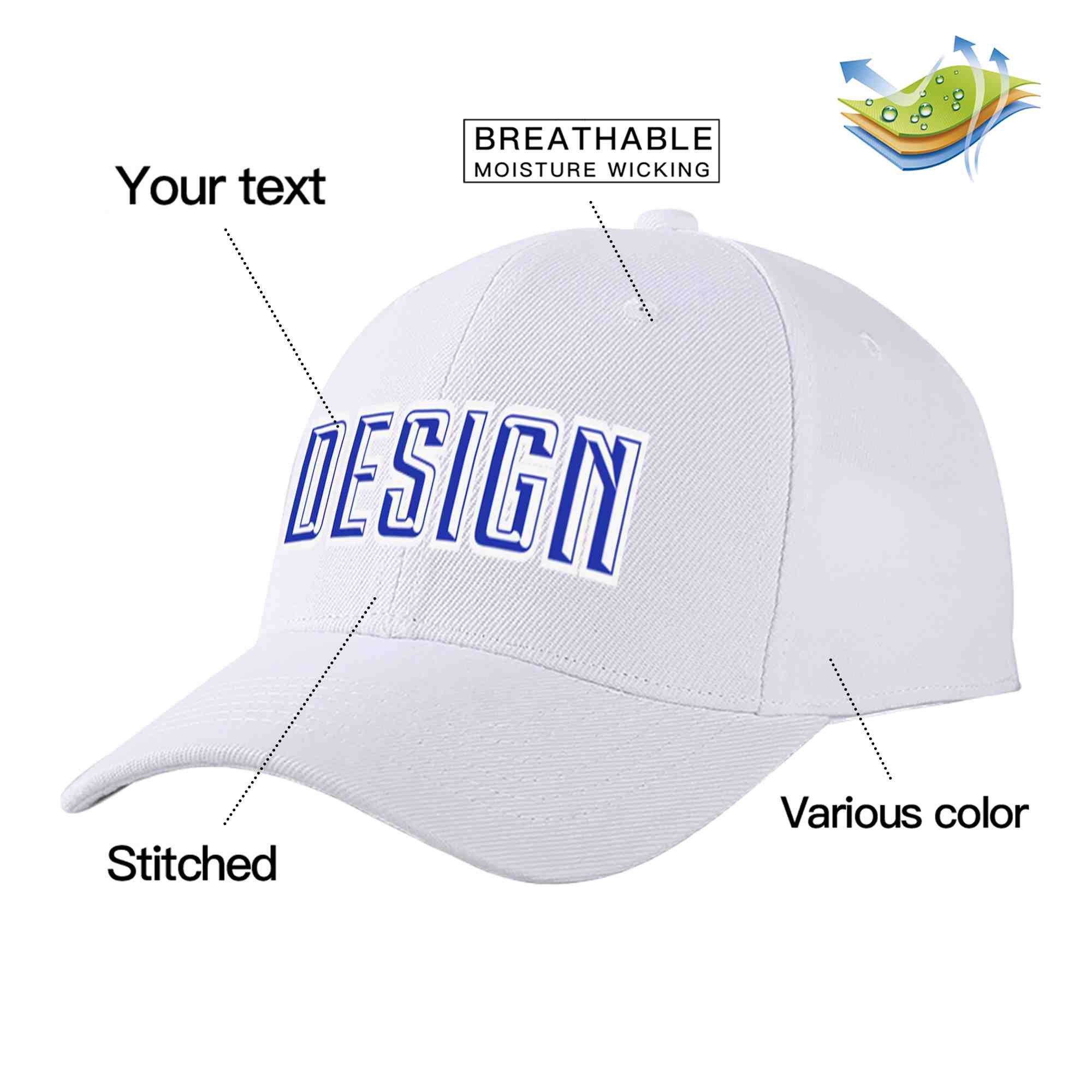 Custom White Royal-White Curved Eaves Sport Design Baseball Cap