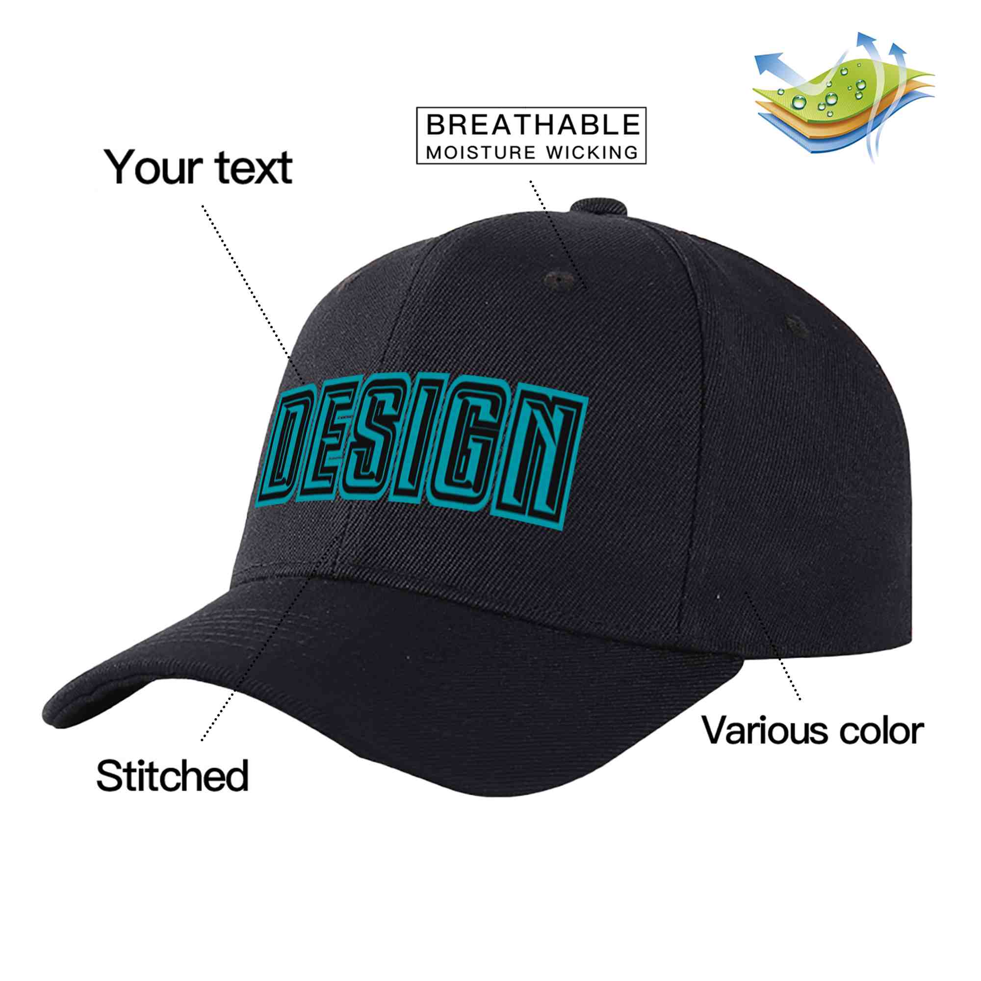 Casquette de baseball personnalisée noire Aqua-Black Curved Eaves Sport Design