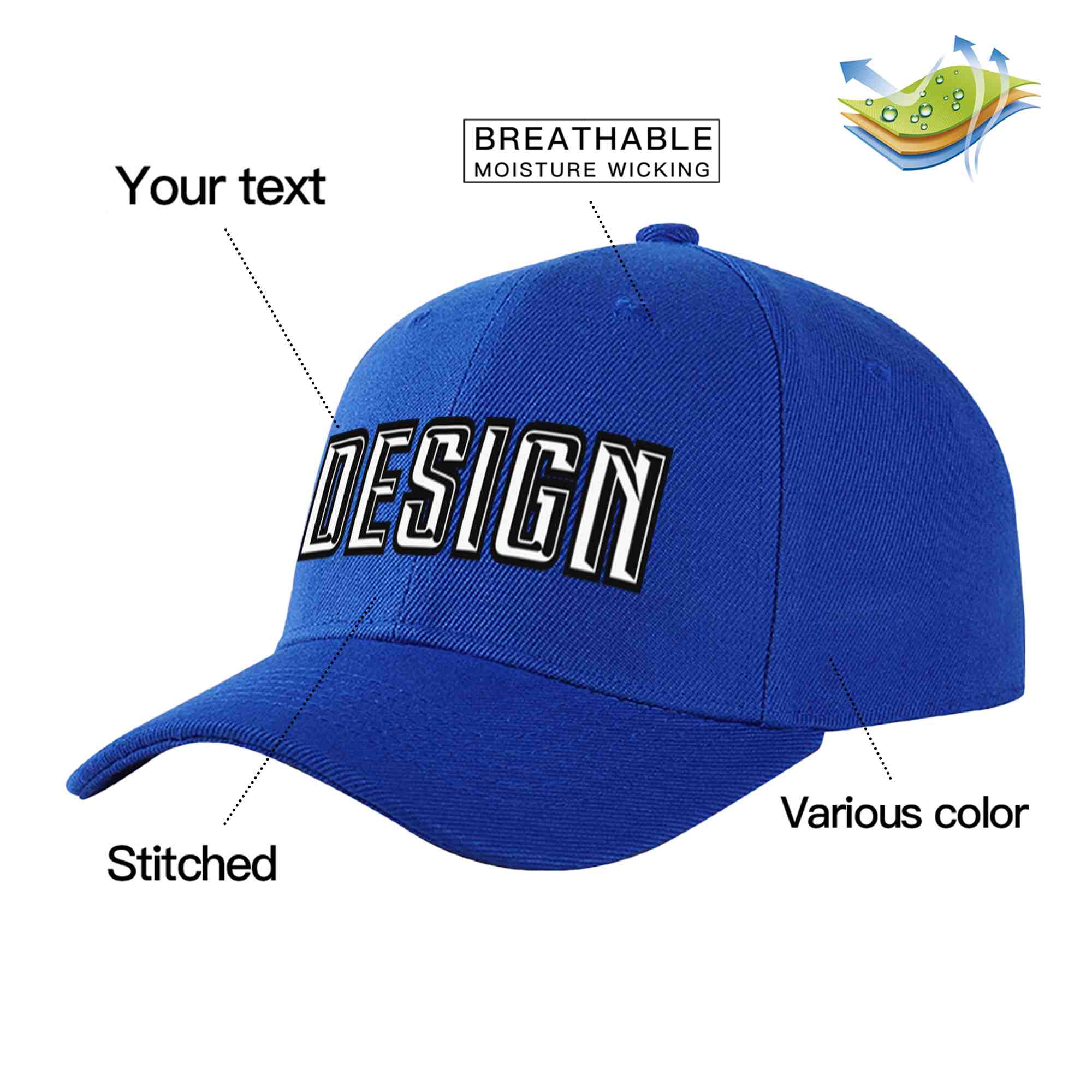 Custom Royal White-Black Curved Eaves Sport Design Baseball Cap