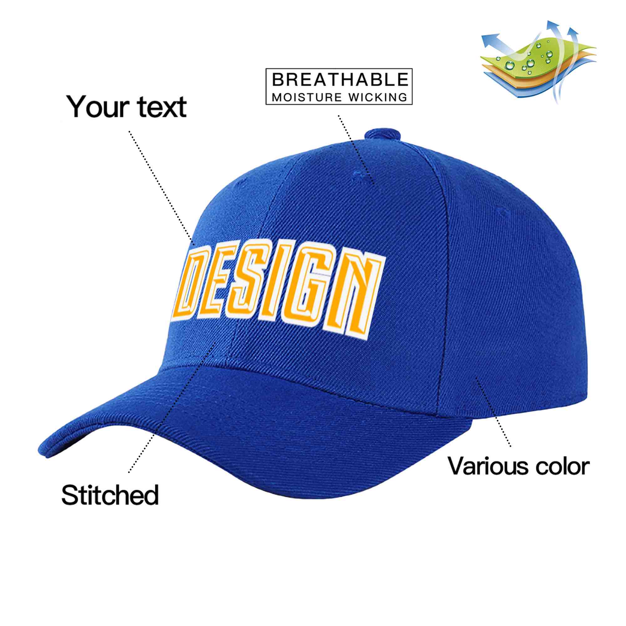 Casquette de baseball personnalisée Royal Yellow-White Curved Eaves Sport Design