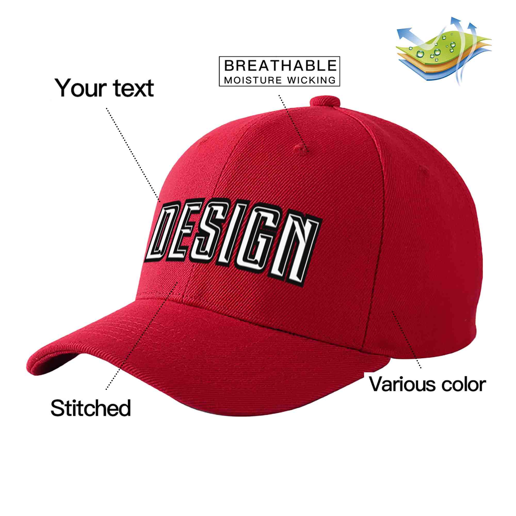 Custom Red White-Black Curved Eaves Sport Design Baseball Cap