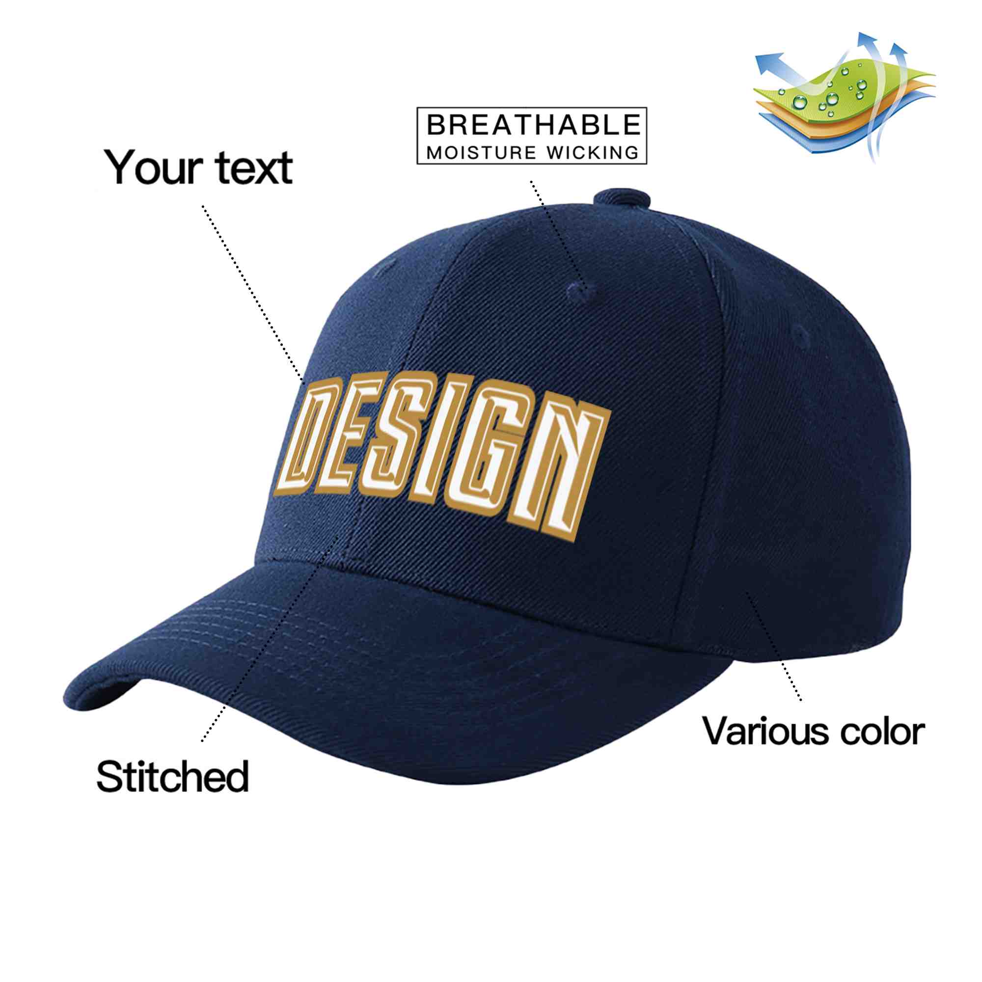 Custom Navy White-Old Gold Curved Eaves Sport Design Baseball Cap