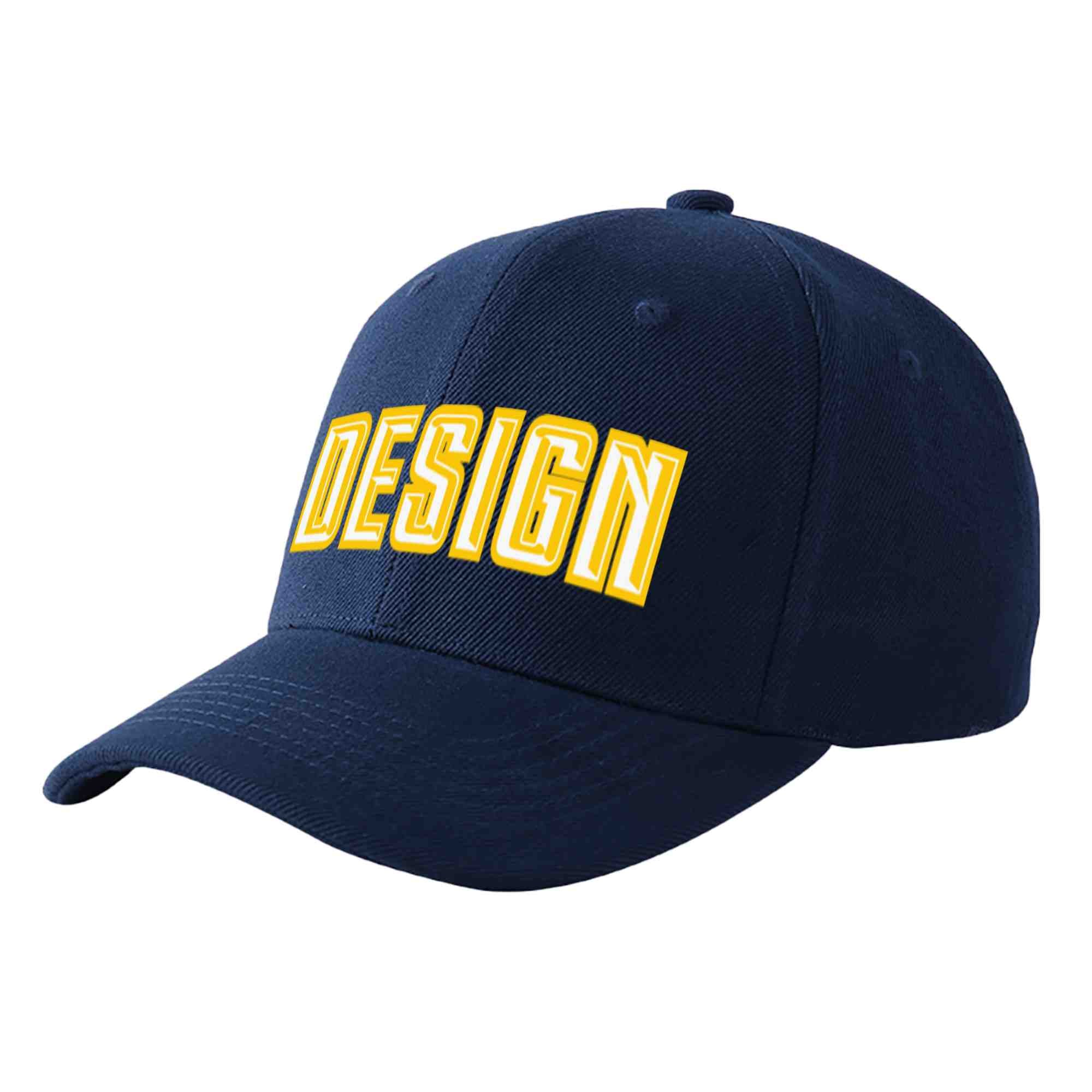 Custom Navy White-Gold Curved Eaves Sport Design Baseball Cap