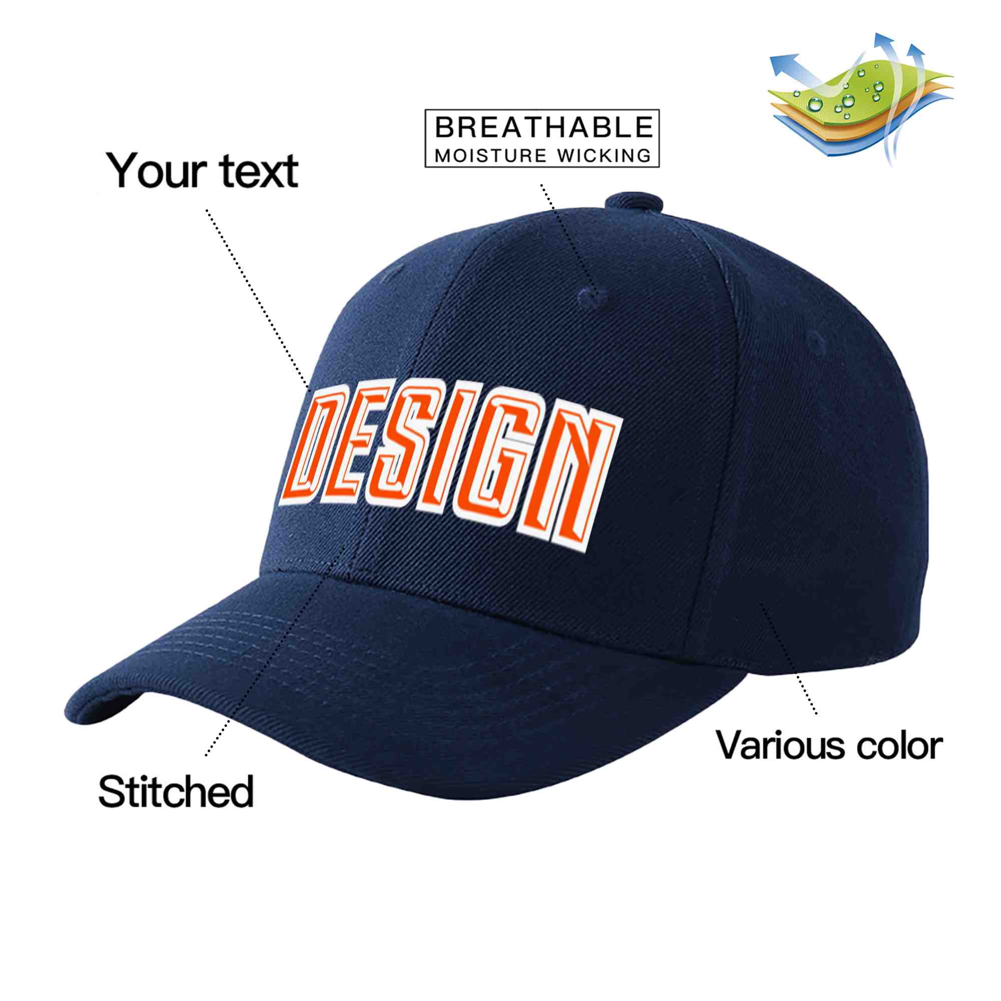 Casquette de baseball personnalisée bleu marine orange-blanc incurvée Eaves Sport Design